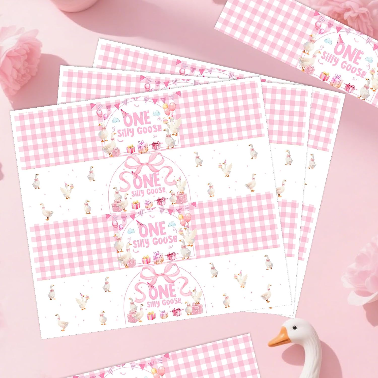 One Silly Goose 1st Birthday Party Supply Silly Goose Water Bottle Label for Girl Pink 32pcs Pink Bow Goose Waterproof Water Bottle Wrap for Goose First Birthday Baby Shower Party Decor