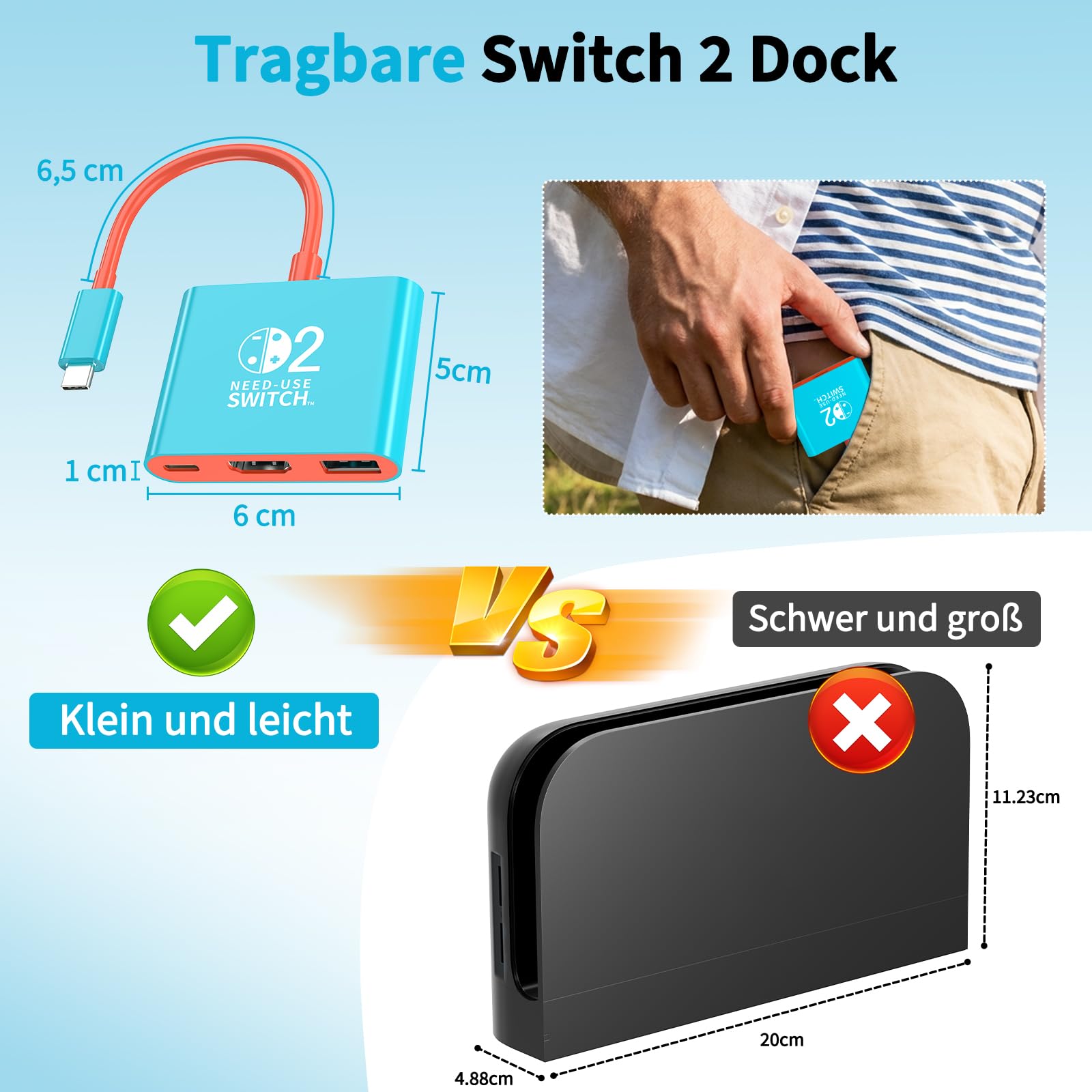 Switch 2 Dock with 60W Charger and HDMI Cable, Portable Switch 2 Dock Replacement for NS2 Official Dock, Supports 4K/60Hz TV Mode, HDMI 2.0, PD 100W Fast Charging, USB 3.0 - 5