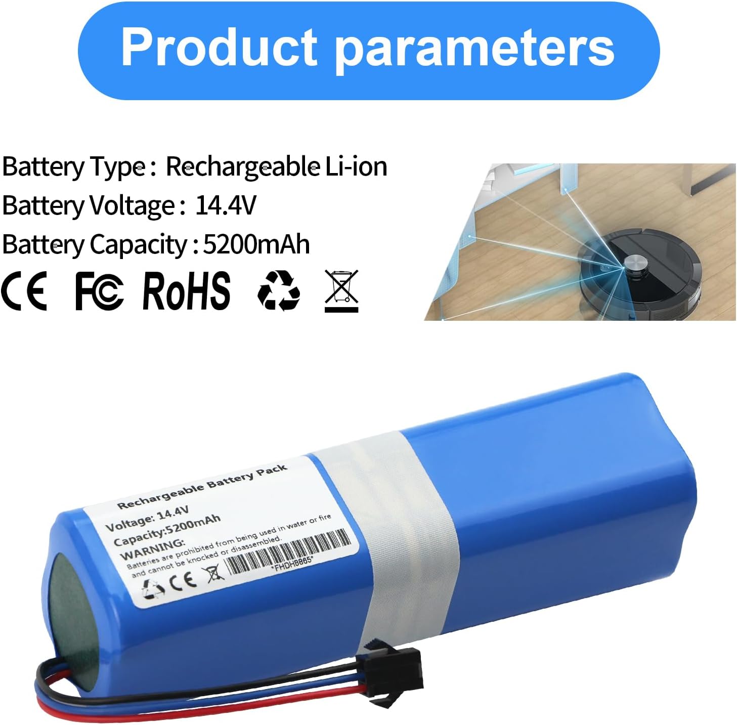 Image displaying product parameters: Battery Type: Rechargeable Li-ion, Battery Voltage: 14.4V, Battery Capacity: 5200mAh, along with CE, FCC, RoHS, and recycling symbols.