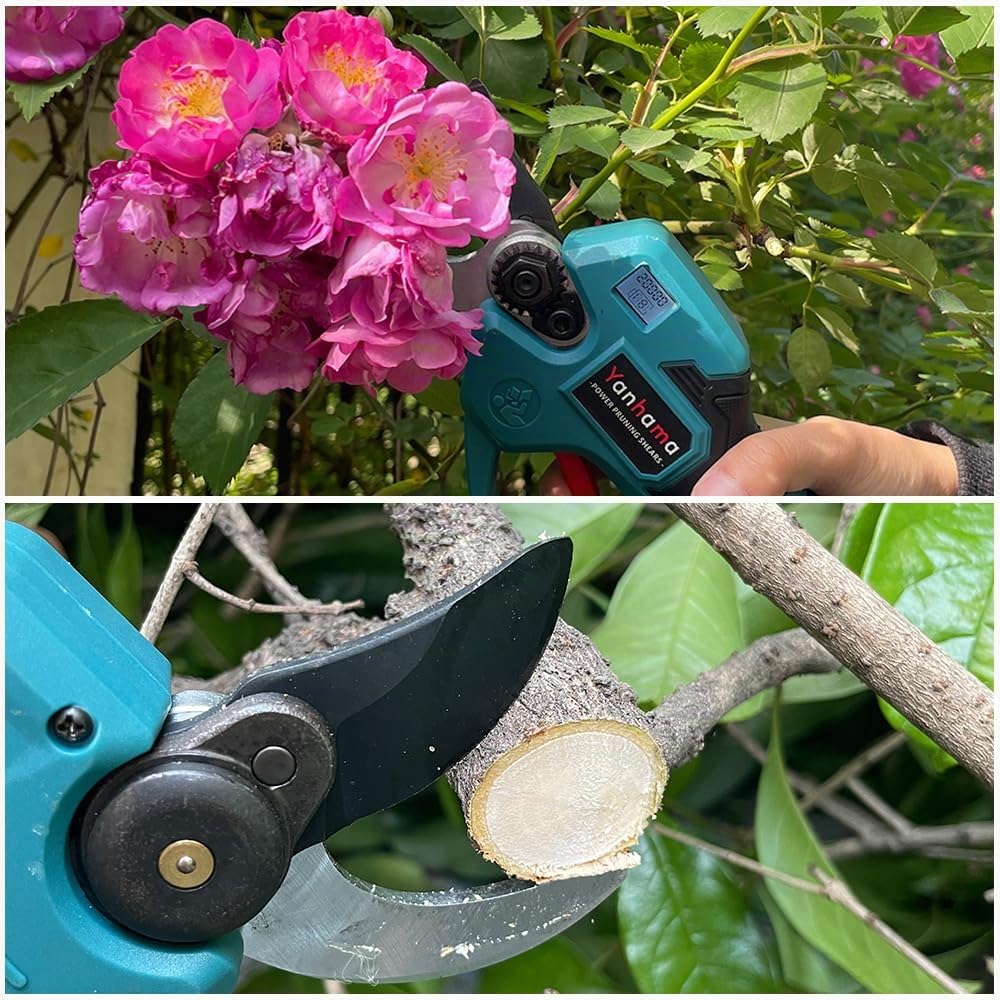 Tijeras de Podar Electricas 50 mm Tijeras de Podar Batería profesionales con 2 * 2000 mAh, Hoja SK5, Motor sin Escobillas, Pantalla LCD para Jardinería, Árboles Frutales, Viñedos