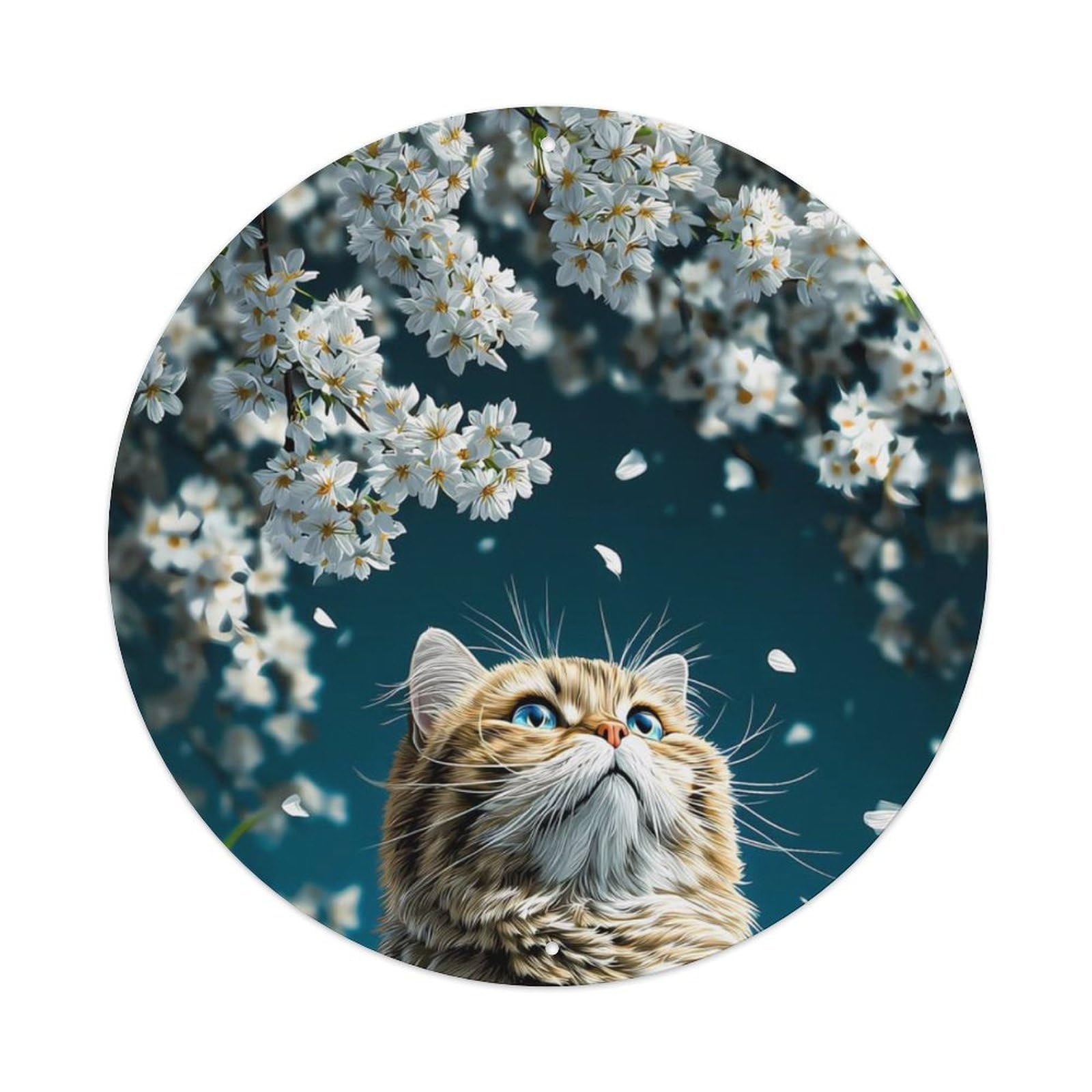 Animal Tabby Cat Falling Cherry Petals Spring Garden Vintage Metal Tin Sign Plaque Wall Decor for Cafe, Club Bar, Office, Garden Metal Poster 8x8Inch