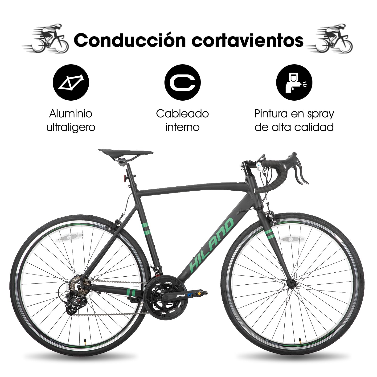 HILAND Bicicleta híbrida para Desplazamiento Diario de 28 Pulgadas, Bicicleta de Carretera con Marco en Aluminio 700C,Unisex, 14 velocidades, 57/53/49cm，Negro/Azul/Rojo