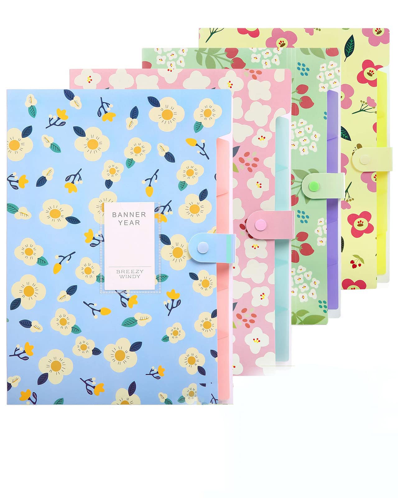 MAKINGTEC4 Pack A4 File Folder Expanding File Folder with 5 Pockets Floral Accordian File Orgsniser High Capacity for Home School Office(Green Blue Yellow Pink)