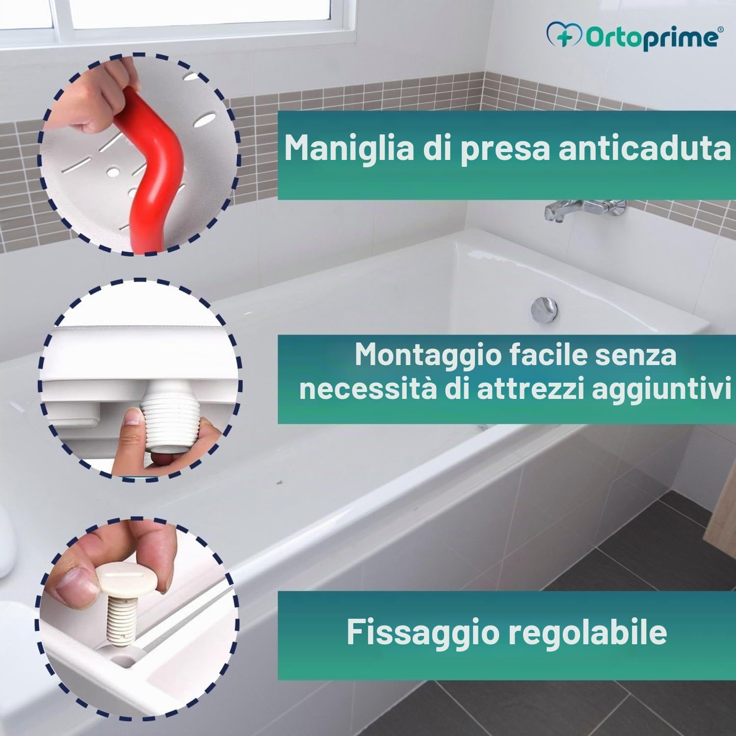 OrtoPrime - Sedile per vasca da bagno, antiscivolo, per adulti, regolabile, facile da trasportare, con manico di sicurezza, comodo e sicuro