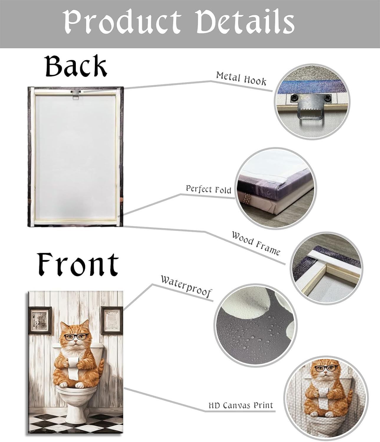 Bathroom Canvas Wall Art Cat Decor Vintage Picture Funny Orange Cat Sit on Toilet with Paper Towel Painting Prints Farmhouse Wall Decor Framed(Art-2,12.00x18.00 inch)