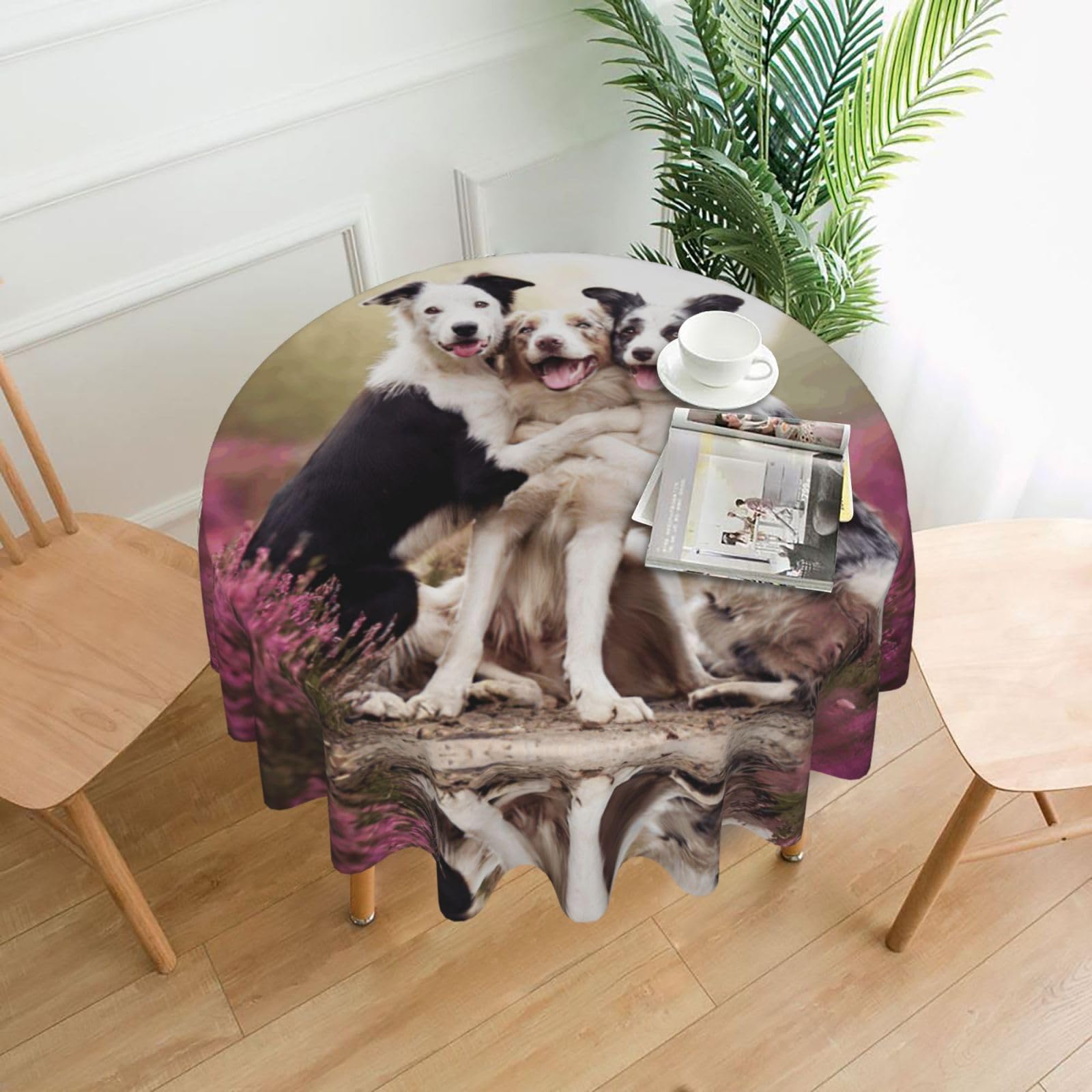 SDEGTHO Cute Dog Print Modern Retro Round Tablecloth 60in Polyester Fabric Cover for Party Dining Table Washable