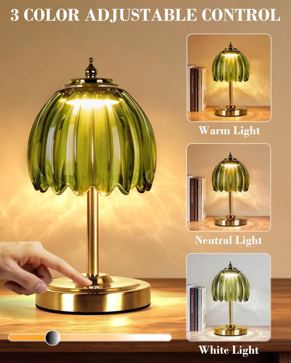 WERFOP Tulip Glass Table Lamp, 3 Color Temperatures & Touch Control Desk Lamp 5400mAh Cordless Rechargeable Bedside Lamp for Living Room, Bedroom, Desk, Entrance（Green）