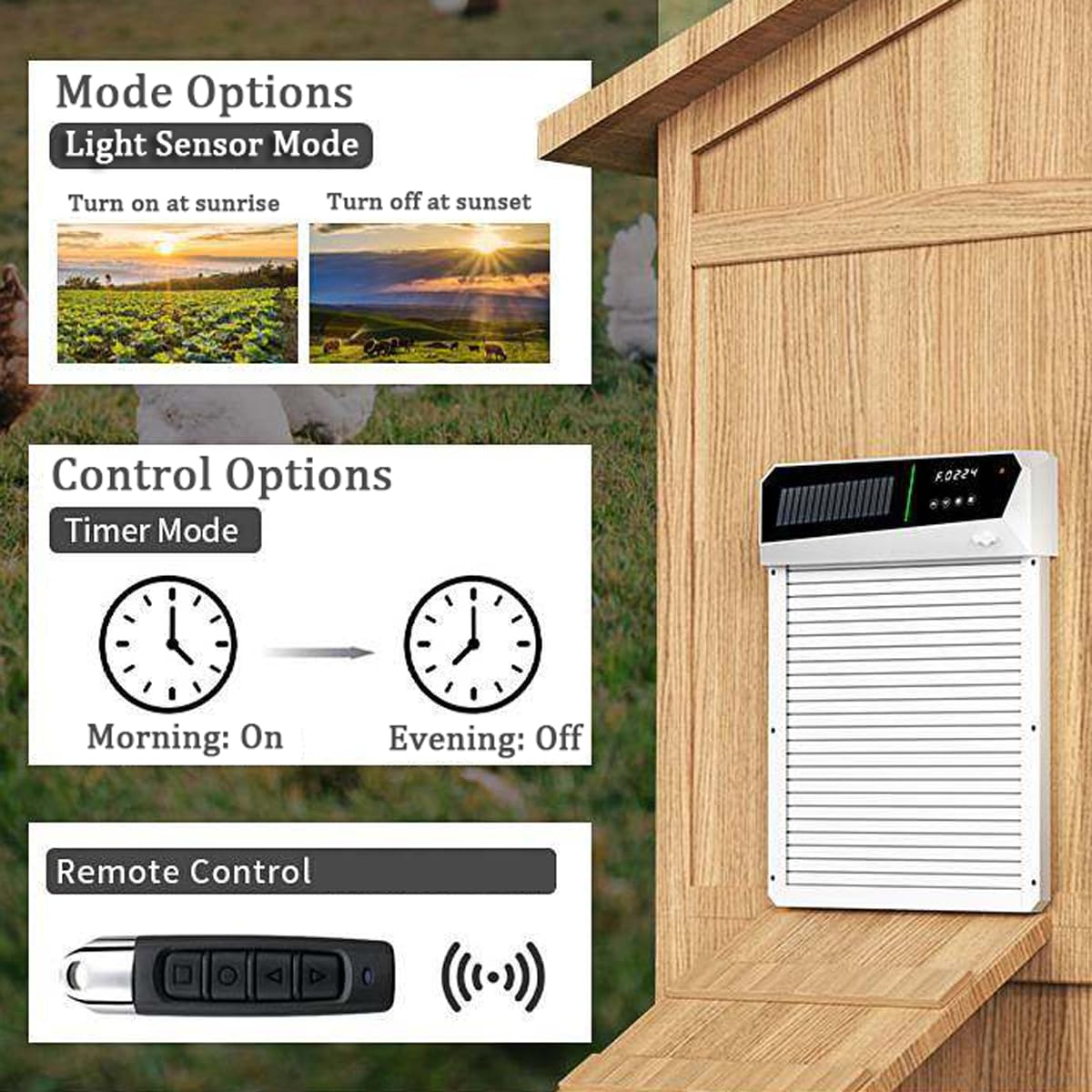Puerta automática de gallinero con energía solar, diseño de aluminio resistente a la intemperie, temporizador, detección de luz y modos de control remoto para uso en granja y exteriores