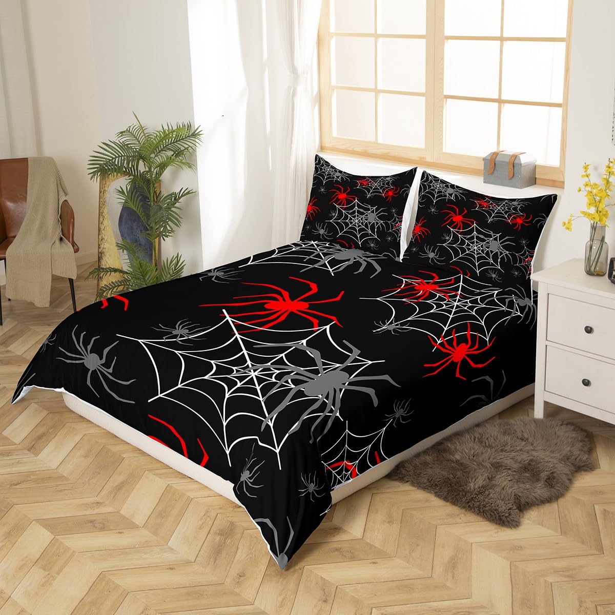 Feelyou Red Black White Cobweb Duvet Cover Queen Size, Scary Halloween Decorations Bedding Set Scary Spider Comforter Cover Kids Toddler Red Black Gray Animal Bed Set with 2 Pillow Case (No Comforter)