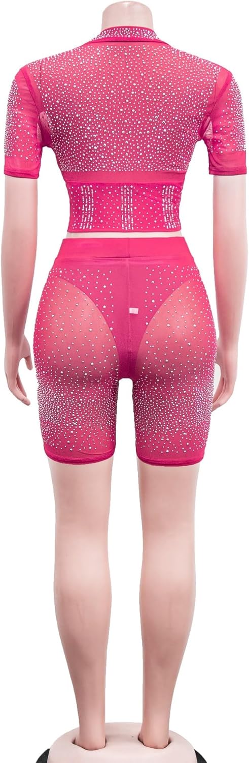 女性のナイトクラブ 2 ピース衣装セクシーなメッシュジッパー閉鎖半袖クロップトップとラインストーンボディコンショーツセット (Col