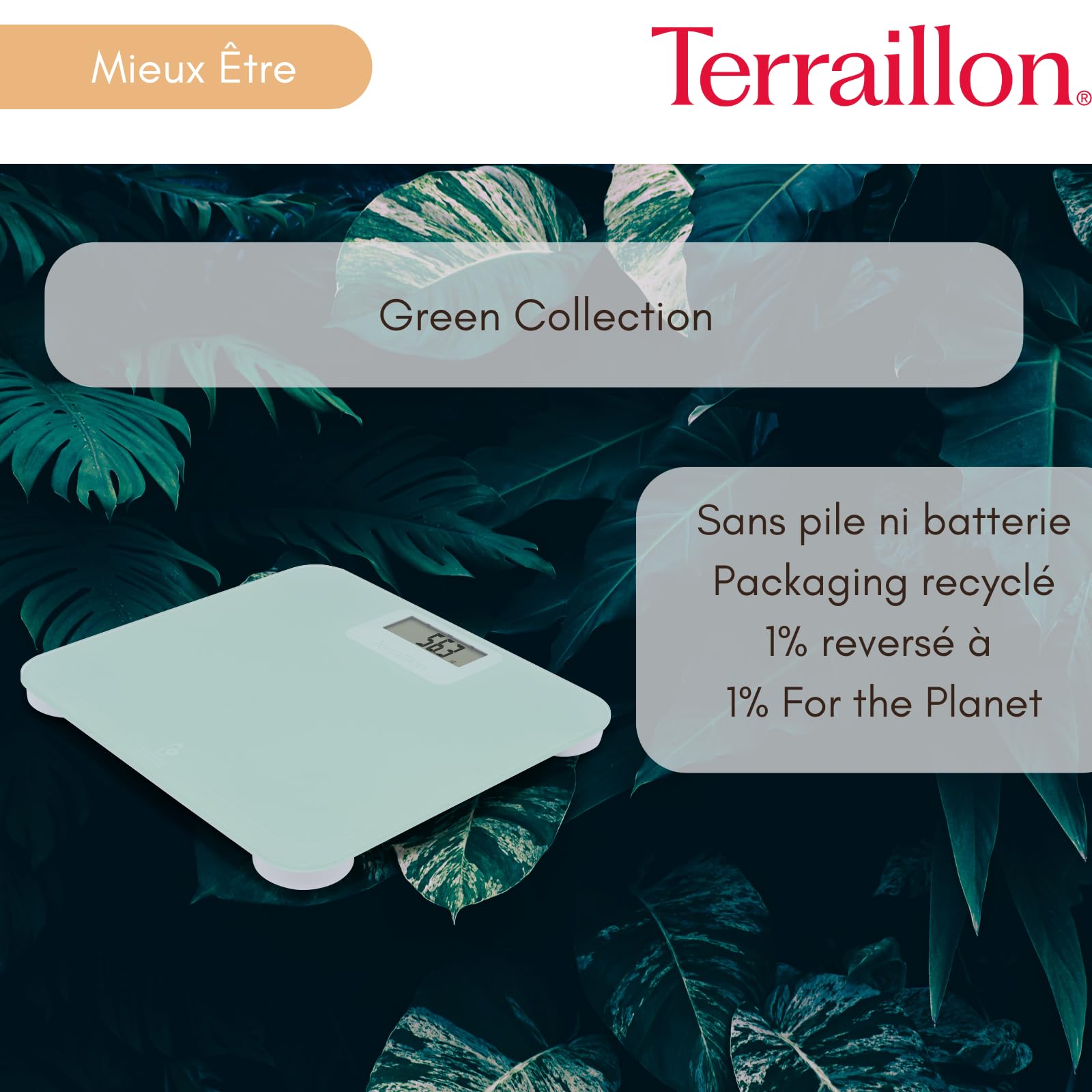 TERRAILLON Balance Pese Personne sans pile ni batterie POWER FREE | Ecologique, Energie par Dynamo, Capacité 180 Kg, Graduation 100g, Ecran LCD, Plateau 30x28 cm en verre, Emballage recyclé