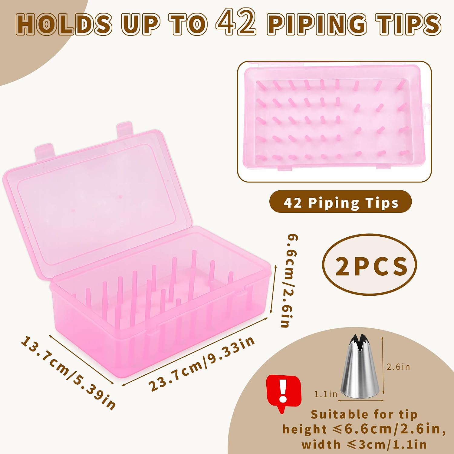 2 Pack Piping Tip Organizer Box 84 Pegs Upright Piping Tip Storage Holder Clear Plastic Cake Decorating Kit Storage Container Baking Supplies Organizer for Bakers (Pink)