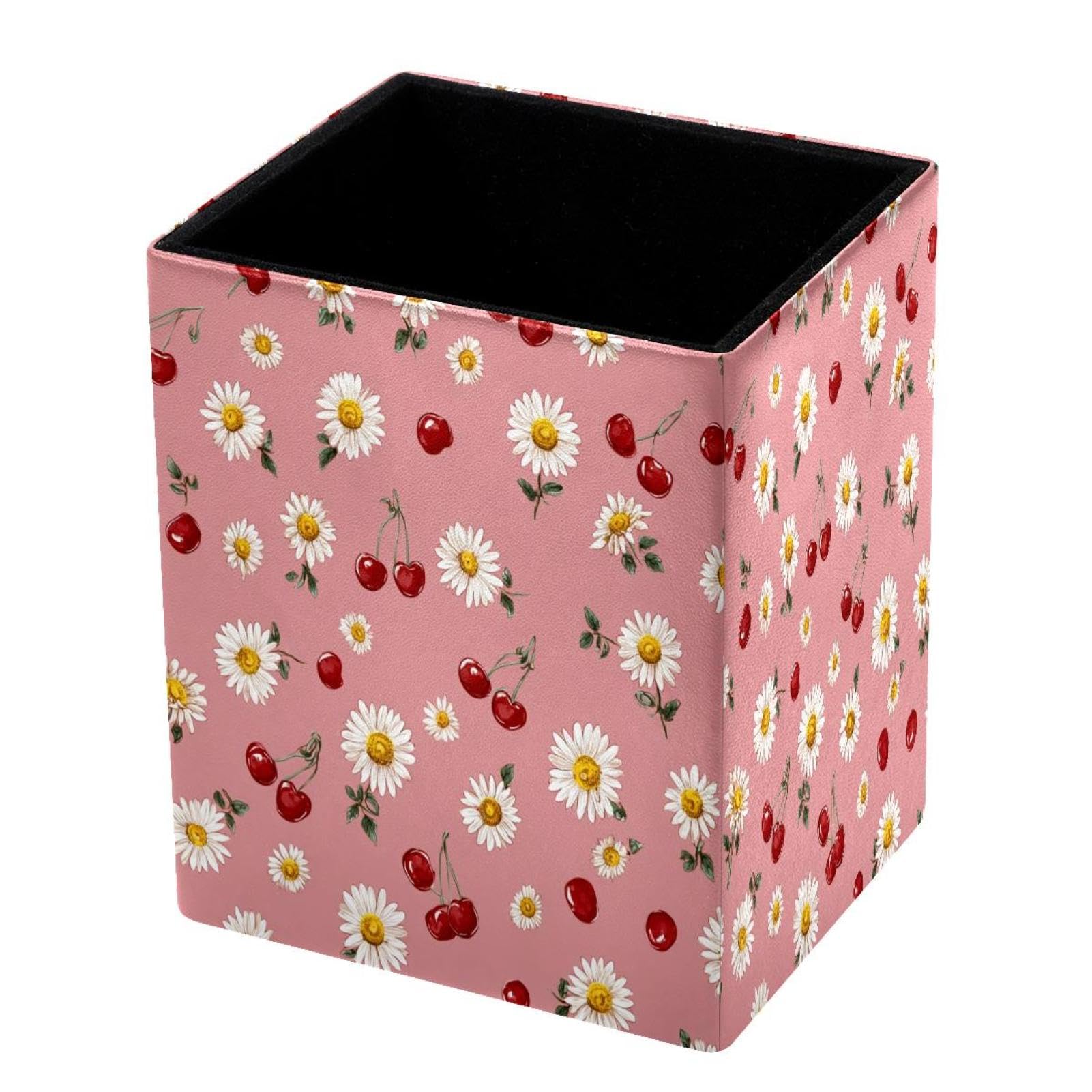 DragonBtu Desktop Pencil Holder, Daisies and Cherries Rectangular Pencil Cup, Pencil Storage Bag Office Desk Supplies Case for School, Kids