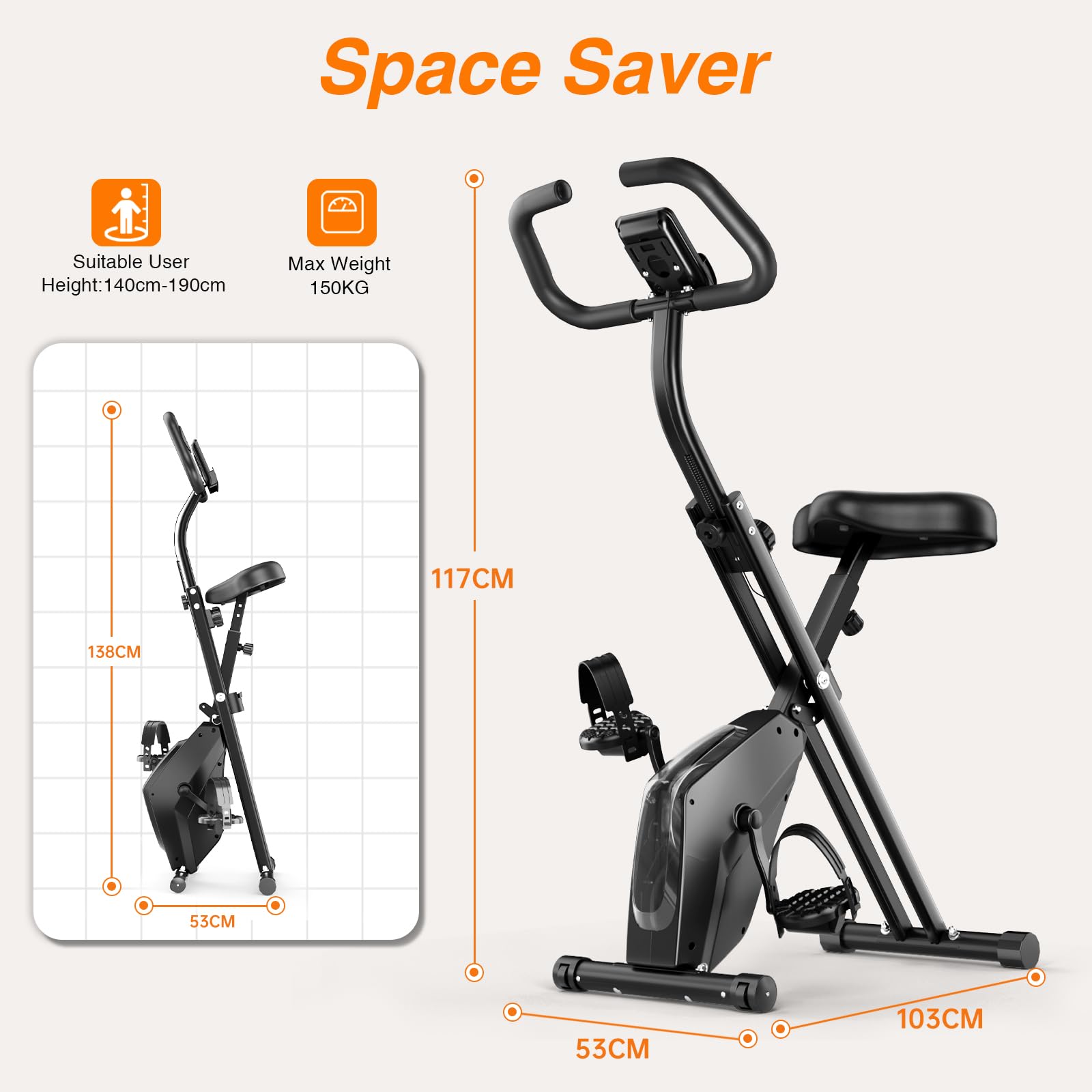 Dskeuzeew 4 in 1 Faltbarer Heimtrainer, 16 Magnetischer Widerstand Heimtrainer mit Herzfrequenzsensoren, Einstellbares Fitnessbike mit LCD - Faltbares stationäres Fitnessfahrrad für Indoor-Radfahren