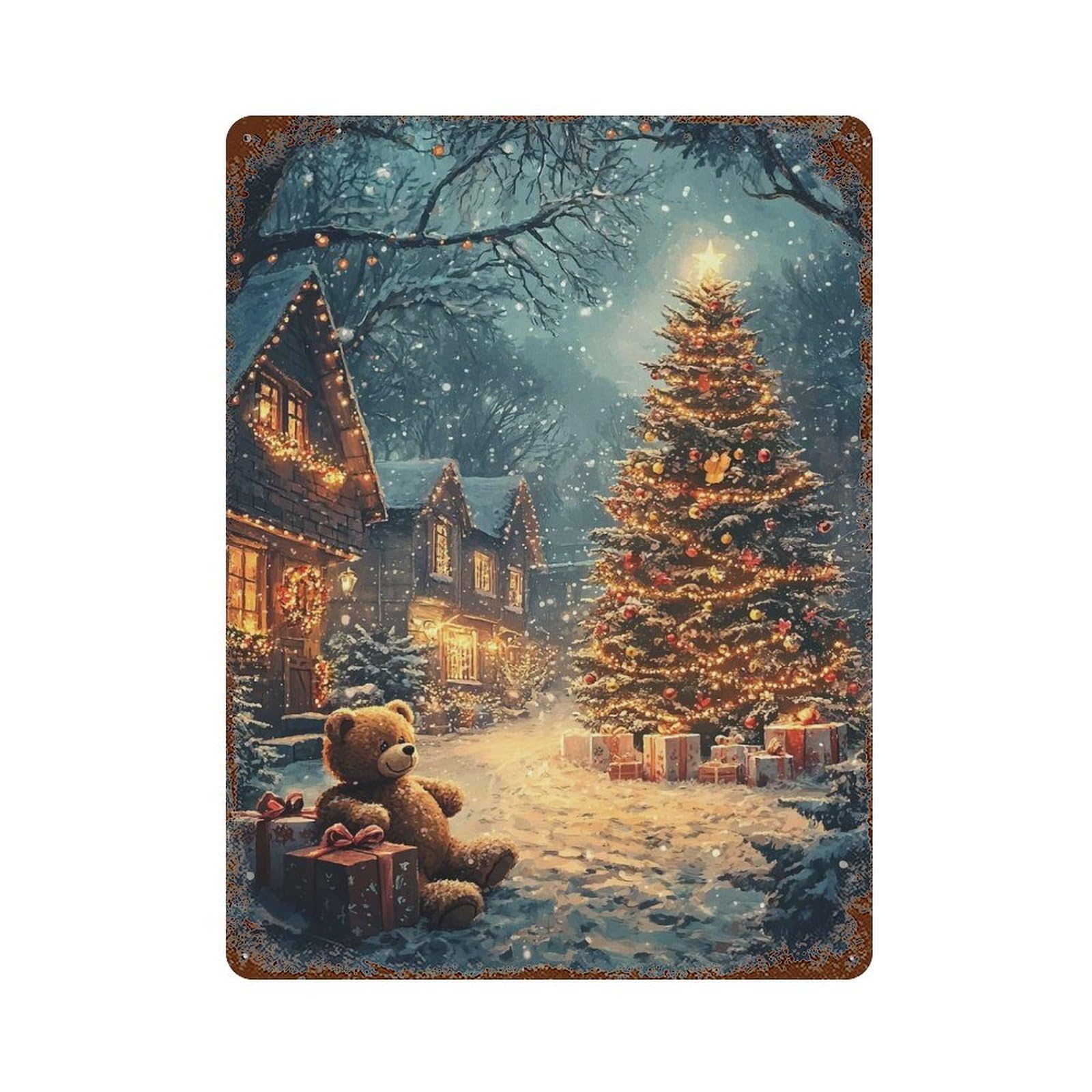 Snowy Christmas Eve 15.7"x11.8" Vintage Rust Metal Sign, Shabby Chic Decor for Garage, Bar And Workshop Decor