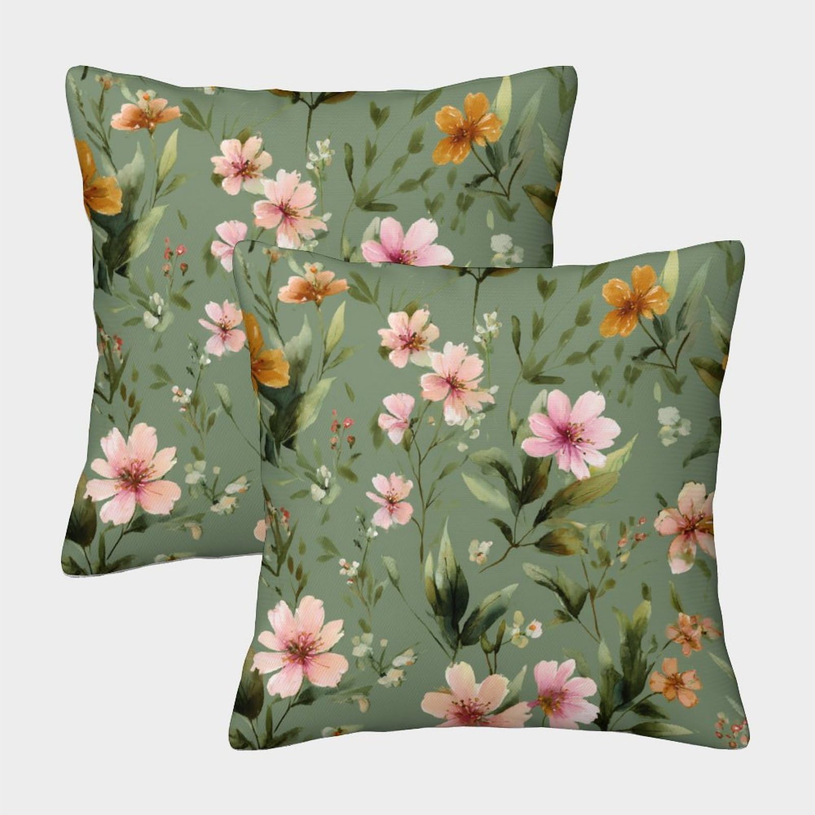 kaiyun 2 Pack Watercolor Wildflowers on A Sage Green Background 3D Image Printed Single-sided Cushion Cover 50x50cm