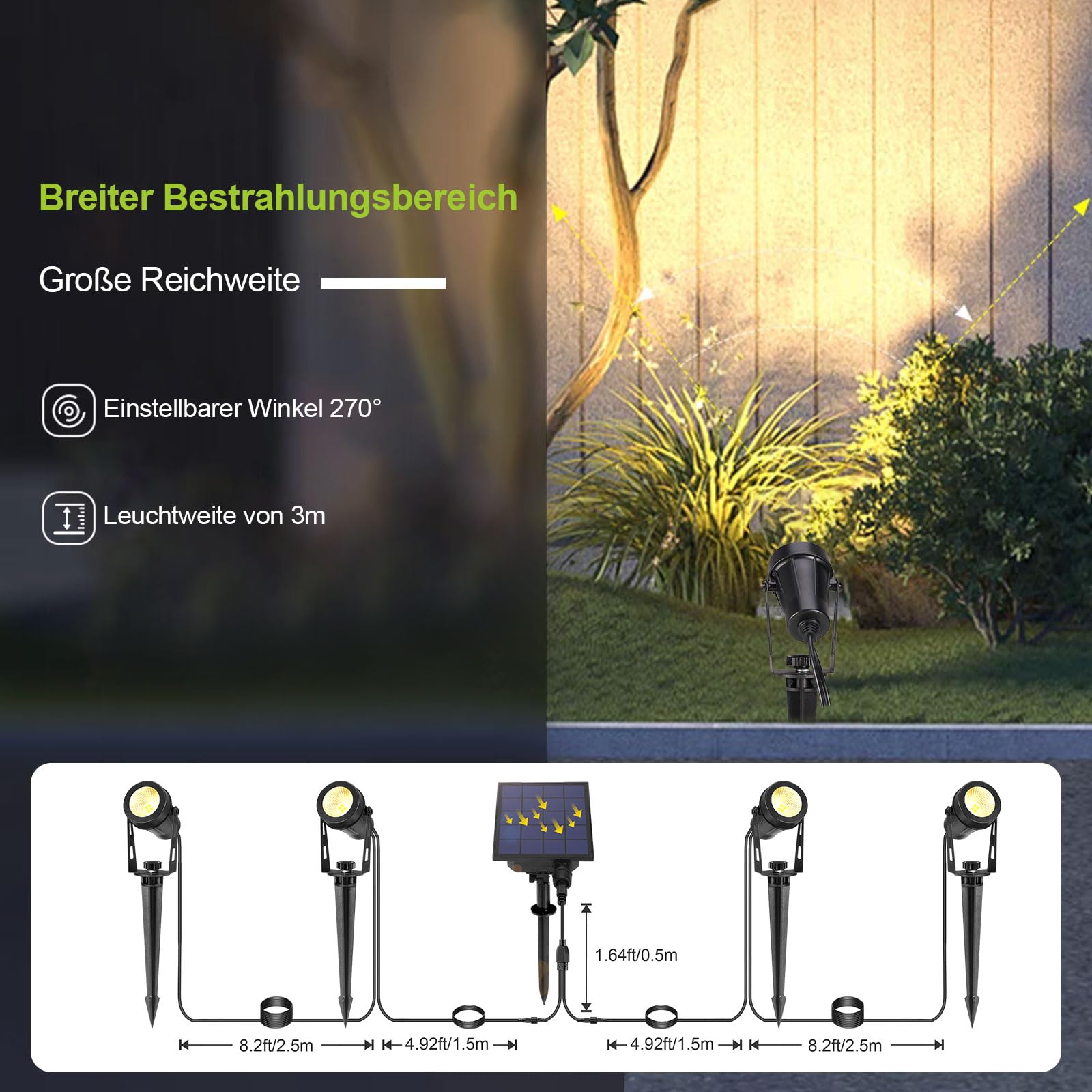 Illuminazione Solare da Giardino per Esterni, 15 m, 4 Faretti con Picchetto, 12 Modalità per Prato, Stagno, Terrazzo