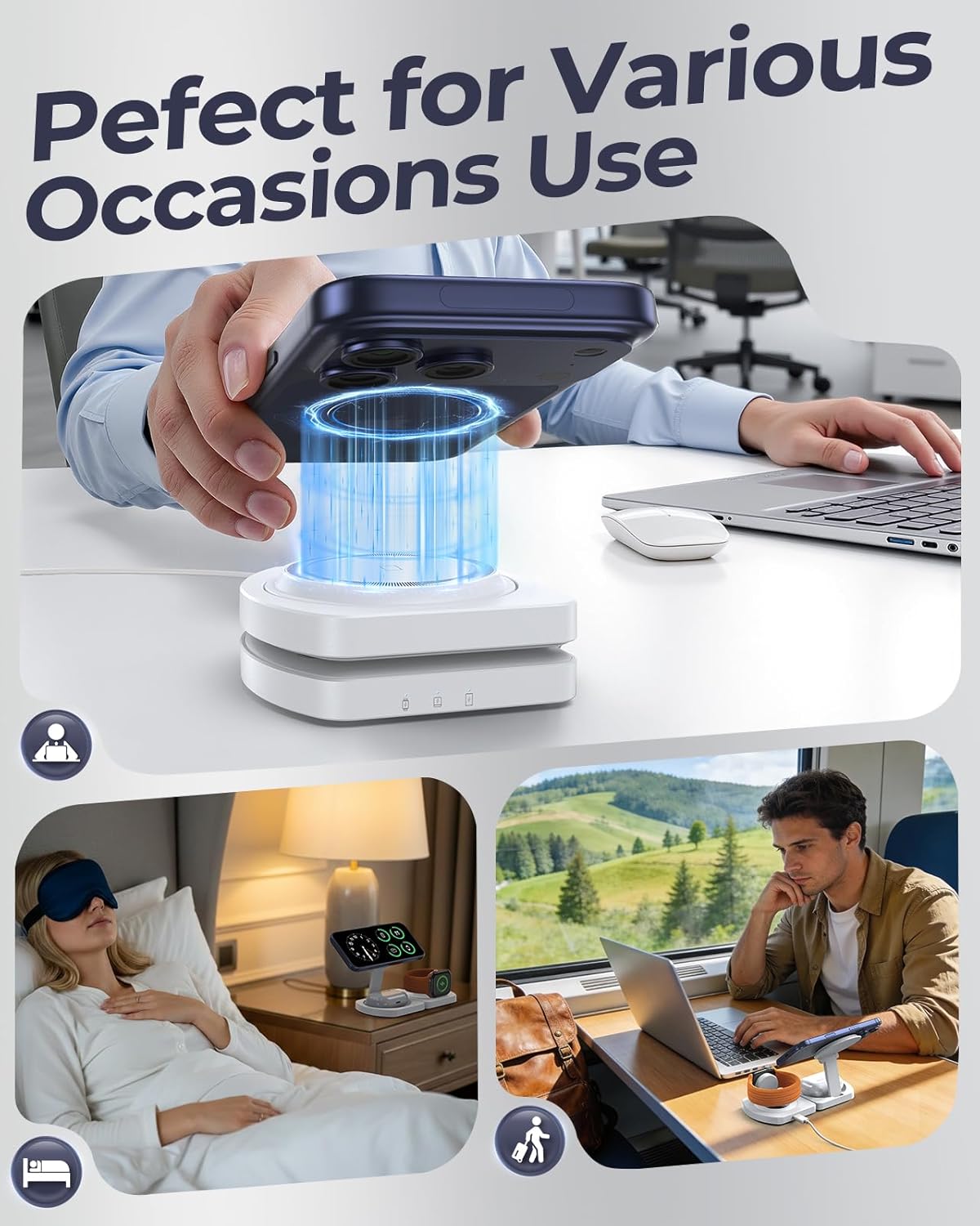 EGV Wireless Charger for iPhone, 3-in-1 Magnetic Charging Station for Apple, MagSafe Charger Stand for iPhone 17 Air 16 15 14 13 12 Series, Airpods Pro, Apple Watch Ultra, Foldable, No Adapter, White