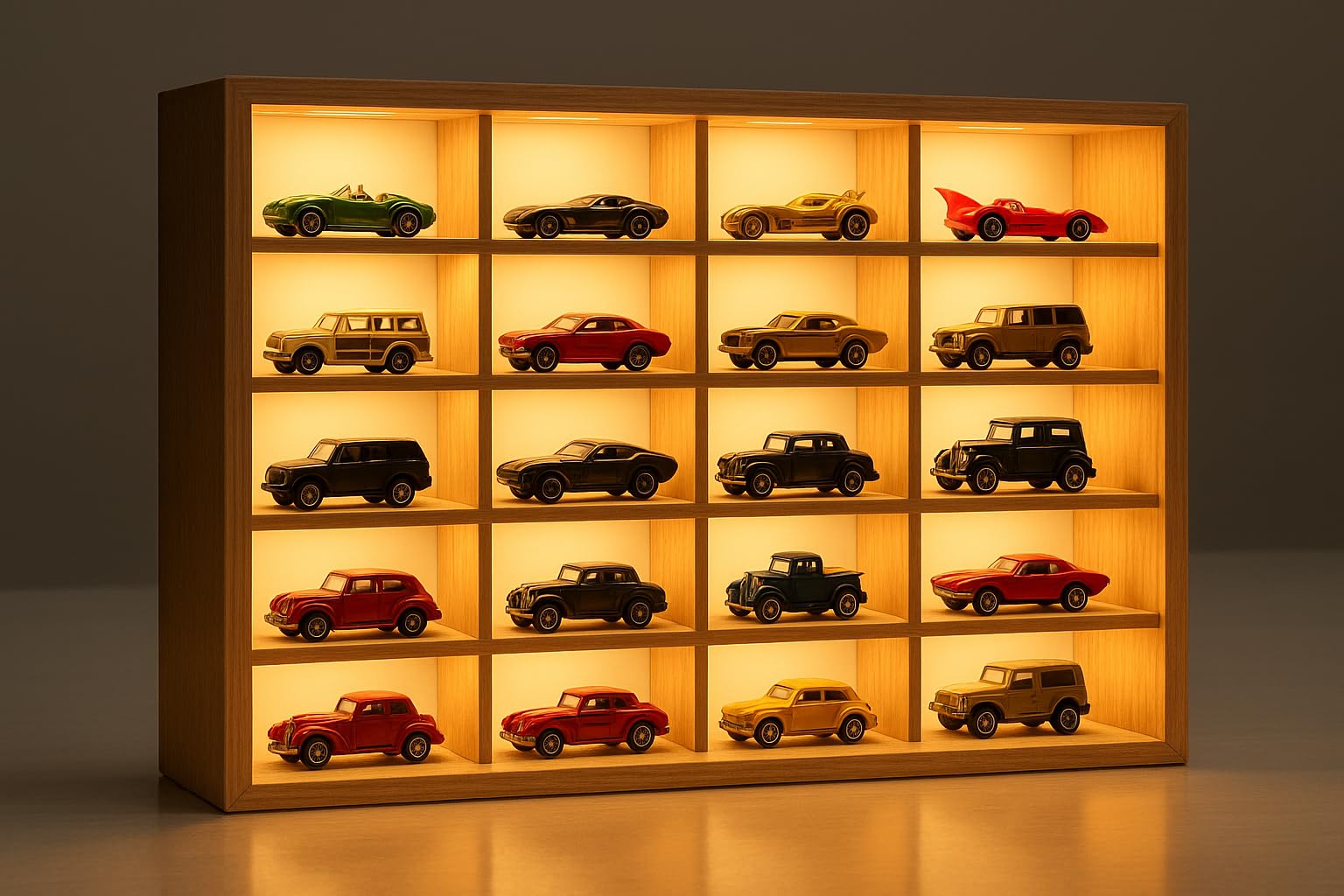 Best of Craft Wooden LED 20 Compartment Car Display Rack for 1:64 Diecast Cars | Pine Wood Display Shelf with Warm LED Lighting | Wall Mount for Hot Wheels & Miniature Cars (Without Cars) (Pack of 2)-image-26