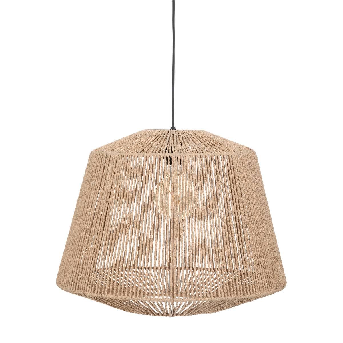 Atmosphera Jily pendant lamp with a beige paper and iron shade, hanging from a black cable, illuminated.