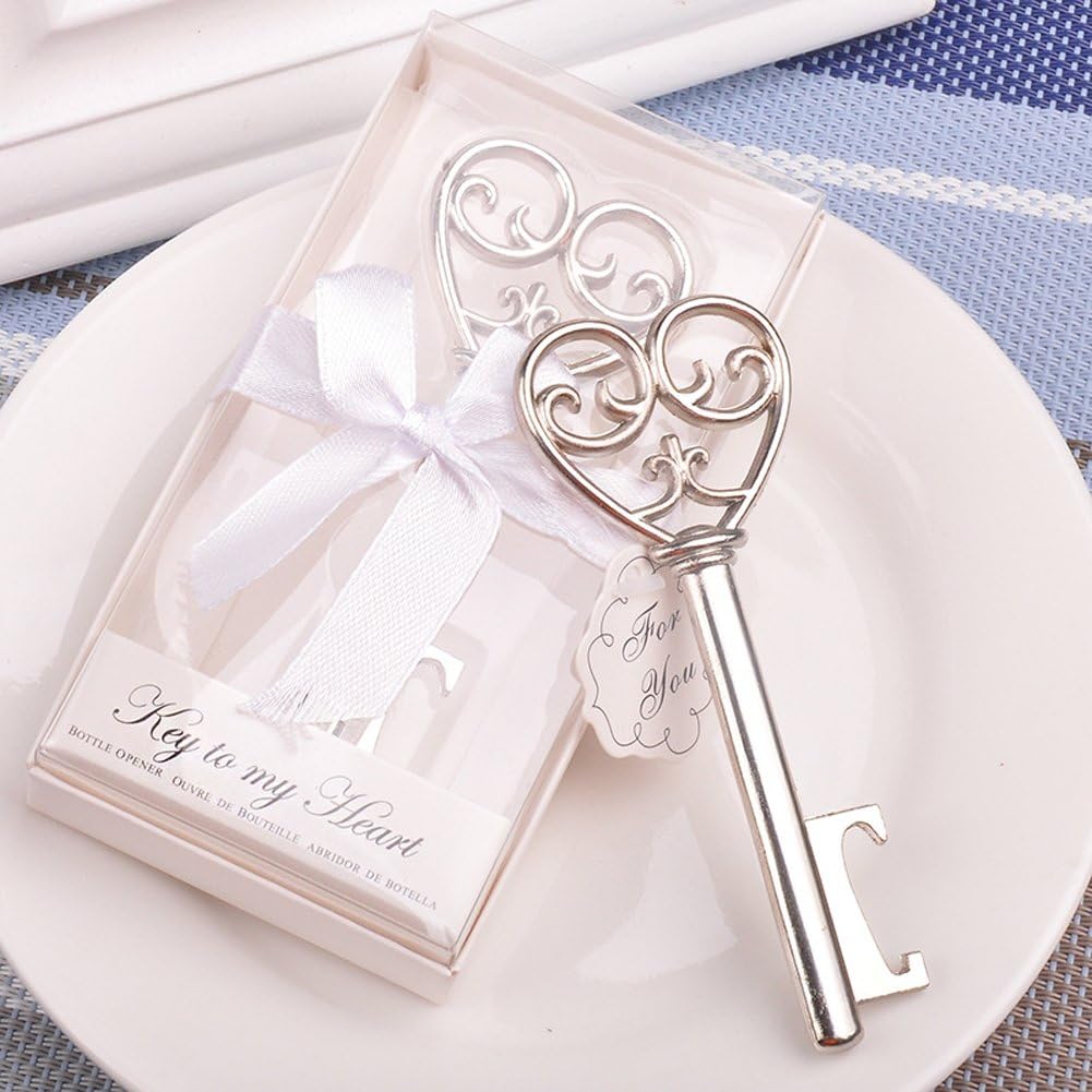 YuokwerYoukwer 24 PCS Skeleton Silver Key Shaped Beer Bottle Cap Opener with Exquisite Packaging for Wedding Party Favors Gift & Shiny Decorations,Key to My Heart (Silver)