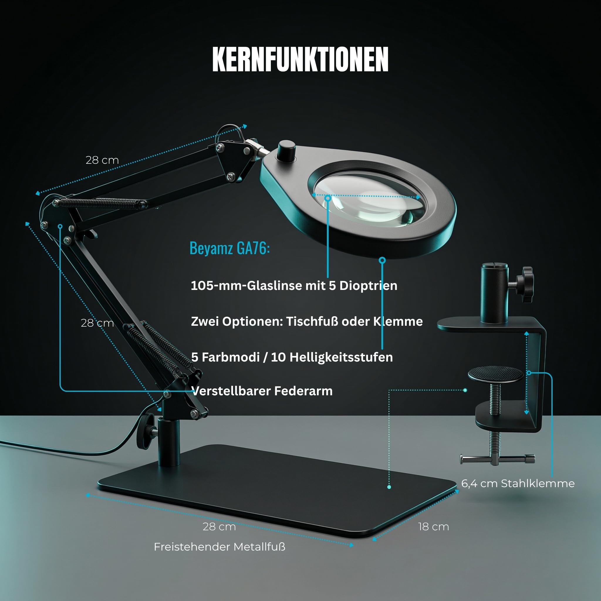 LED Lupenleuchte mit Standfuß & Klemme, 5 Dioptrien Glaslinse | 5 Lichtfarben dimmbar, Schwenkarm, Präzisionsarbeiten, Modellbau, Löten, Nähen, Basteln, Mikroreparatur