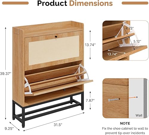 Miniatura 2 de Armario delgado de almacenamiento de zapatos de entrada con 2 cajones abatibles, moderno organizador de zapatos independiente con capacidad para