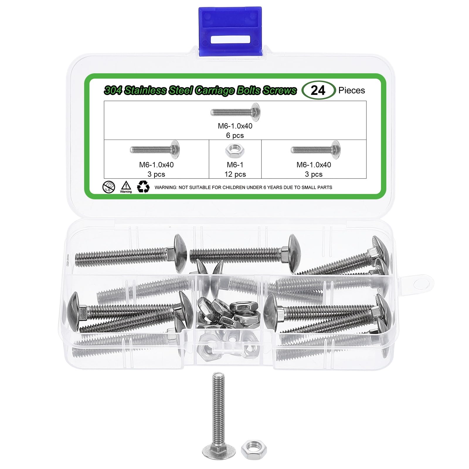 uxcell 12 Set Carriage Bolts and Nuts Kit, M6-1.0x40 Stainless Steel 304 Round Head Square Neck Carriage Bolts Screws and Hex Nuts - Silver