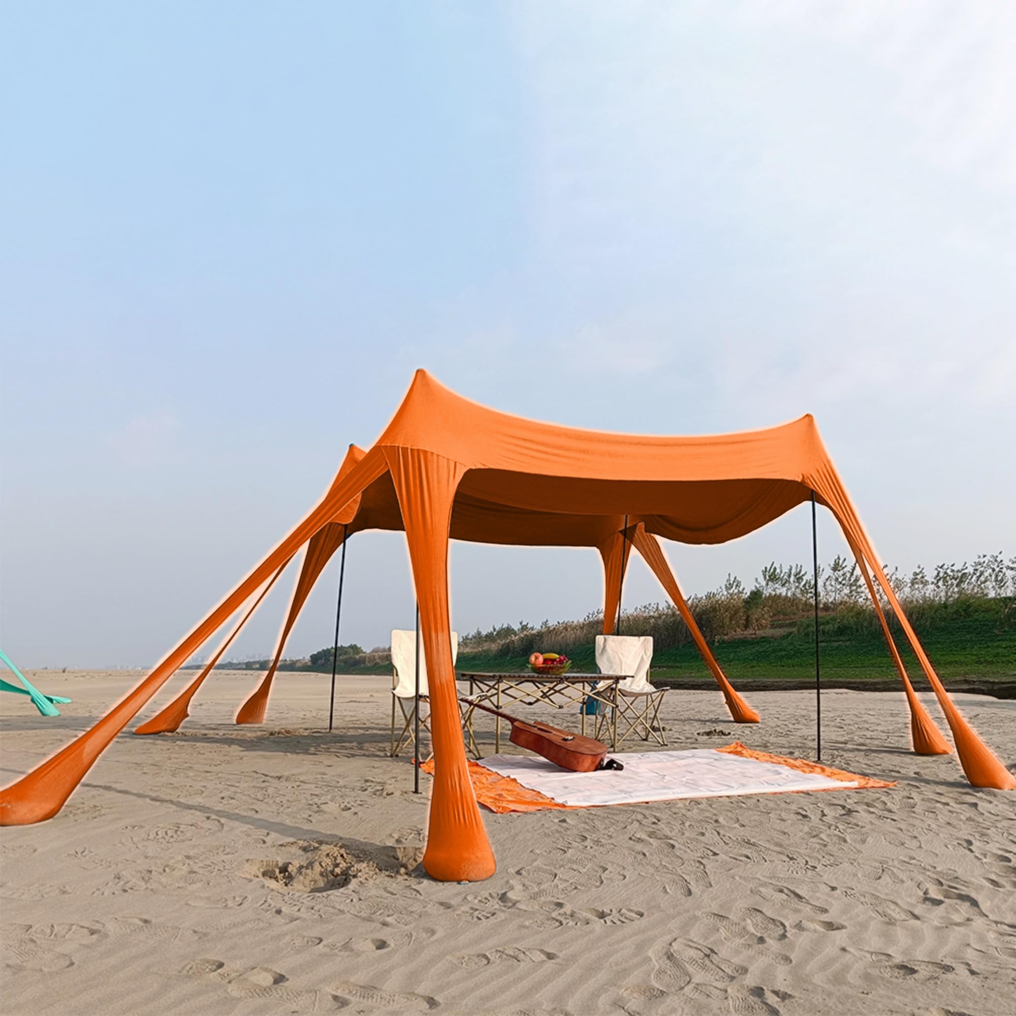 Grand auvent de plage orange 6-8 personnes contre le soleil au camping