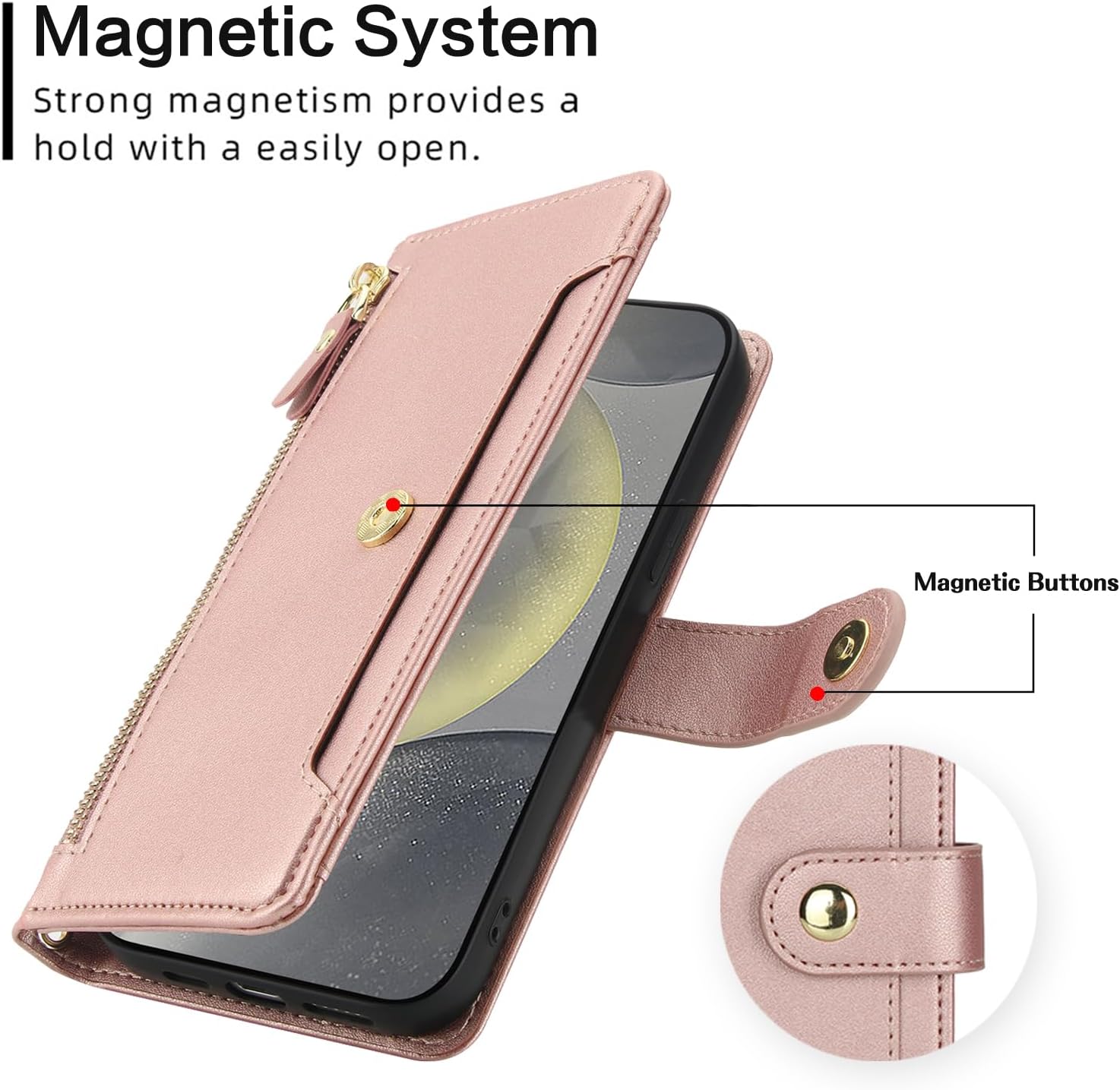 Asuwish Phone Case for Samsung Galaxy S24 Plus/S25 Plus S24+ S25+ 5G Zipper Wallet Cell Cover, with Screen Protector and Strap, Card Holder S24Plus 24S + S 24 24+ S25Plus 25S 25+ Women Rose Gold