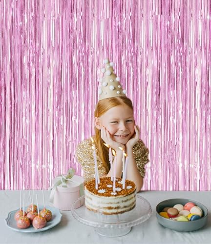 Miniatura 7 de 2 cortinas de flecos de papel de oropel metálico rosa brillante de 3.2 x 8.2 pies, telón de fondo rosa para cabina de fotos, telón de fondo rosa