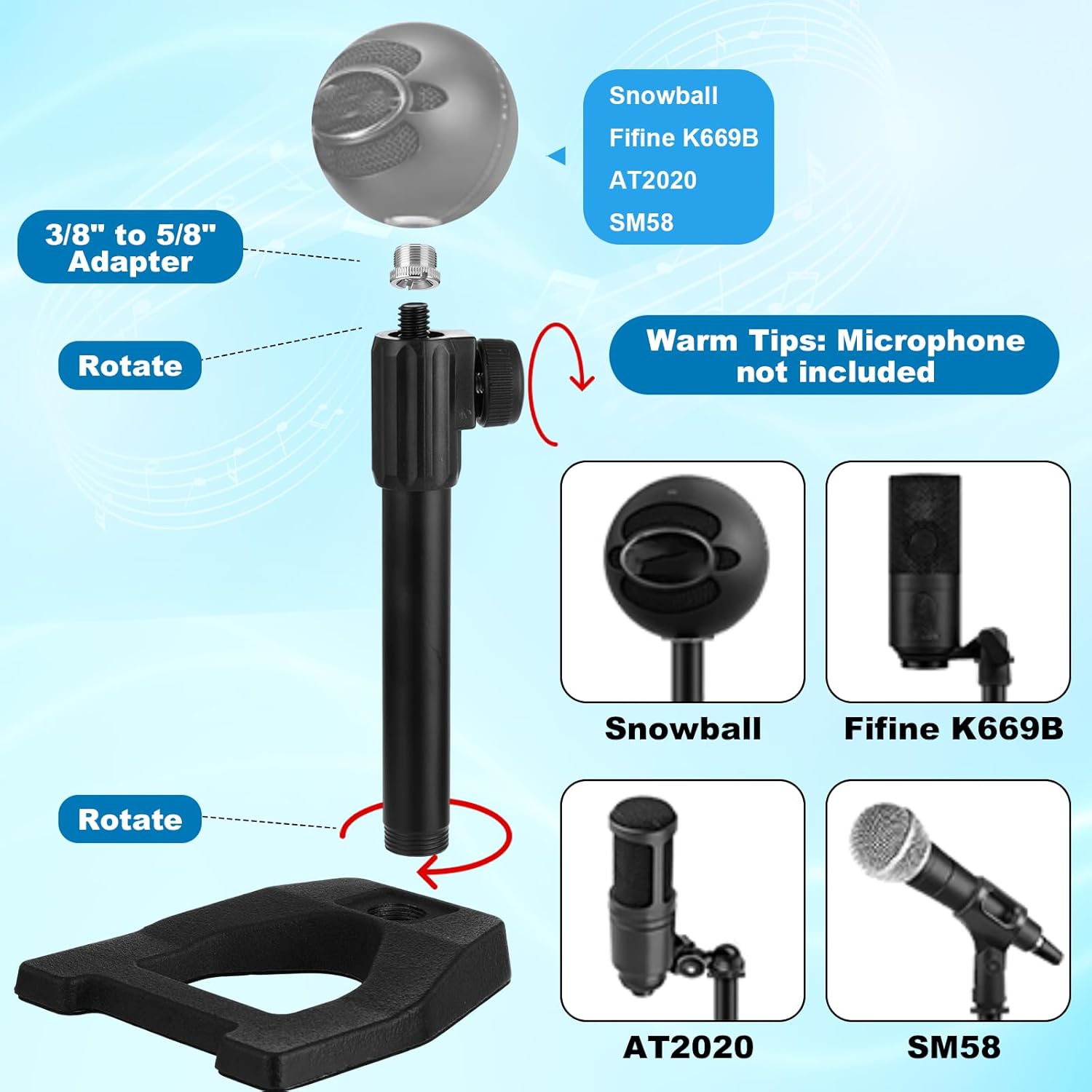 4 Set Desktop Microphone Stand Adjustable Table Mic Stand with Microphone Clip Weighted Base Shock Storage Bag 3/8" to 5/8" Adapter Compatible with Fifine K669B AT2020 SM58
