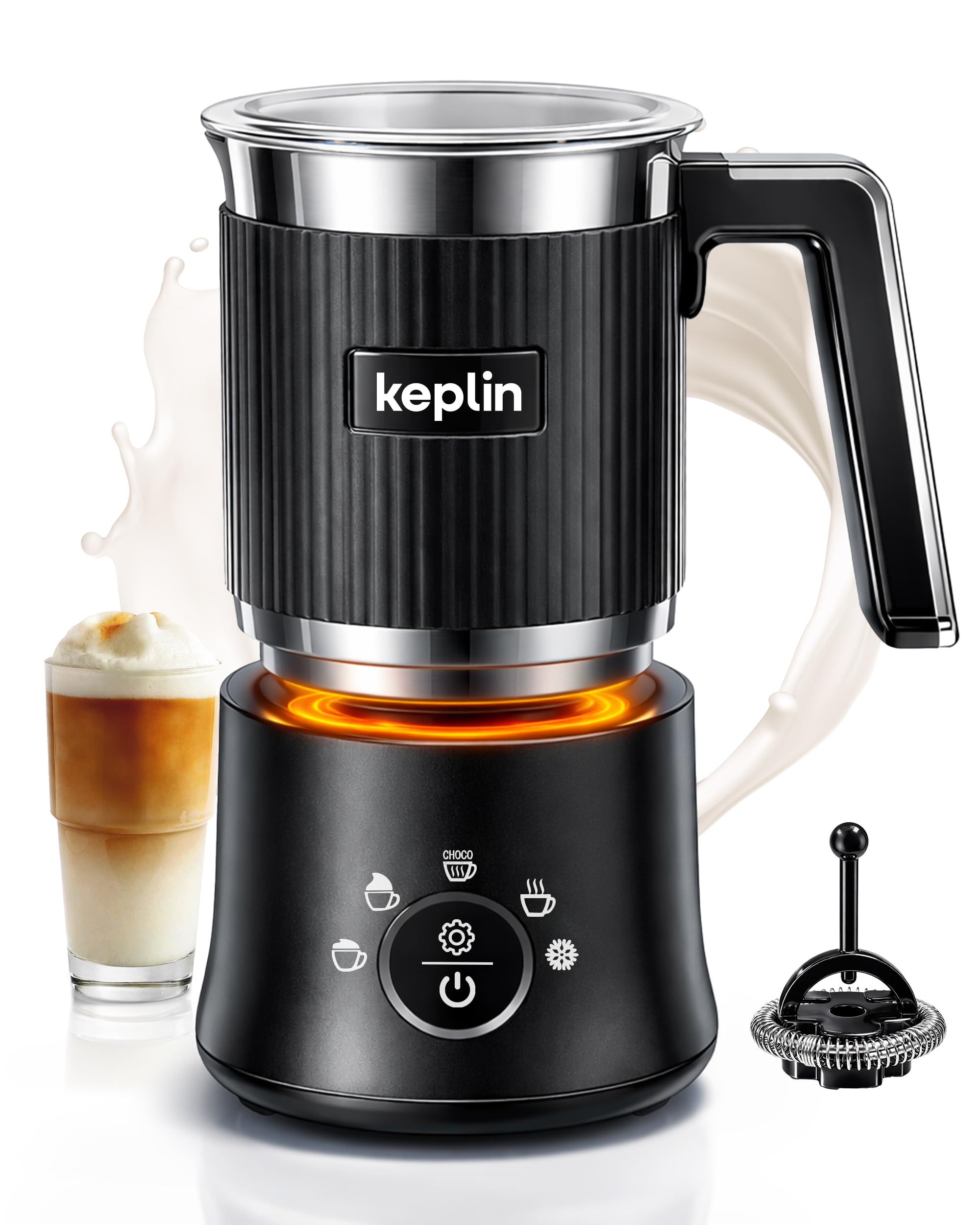 KEPLIN Automatic Milk Frother - 350ml Heating & 250ml Frothing Capacity, Electric 5-in-1 with Detachable Stainless Steel Jug โ Hot & Cold Foam, Hot Chocolate Maker & Milk Heater, Black