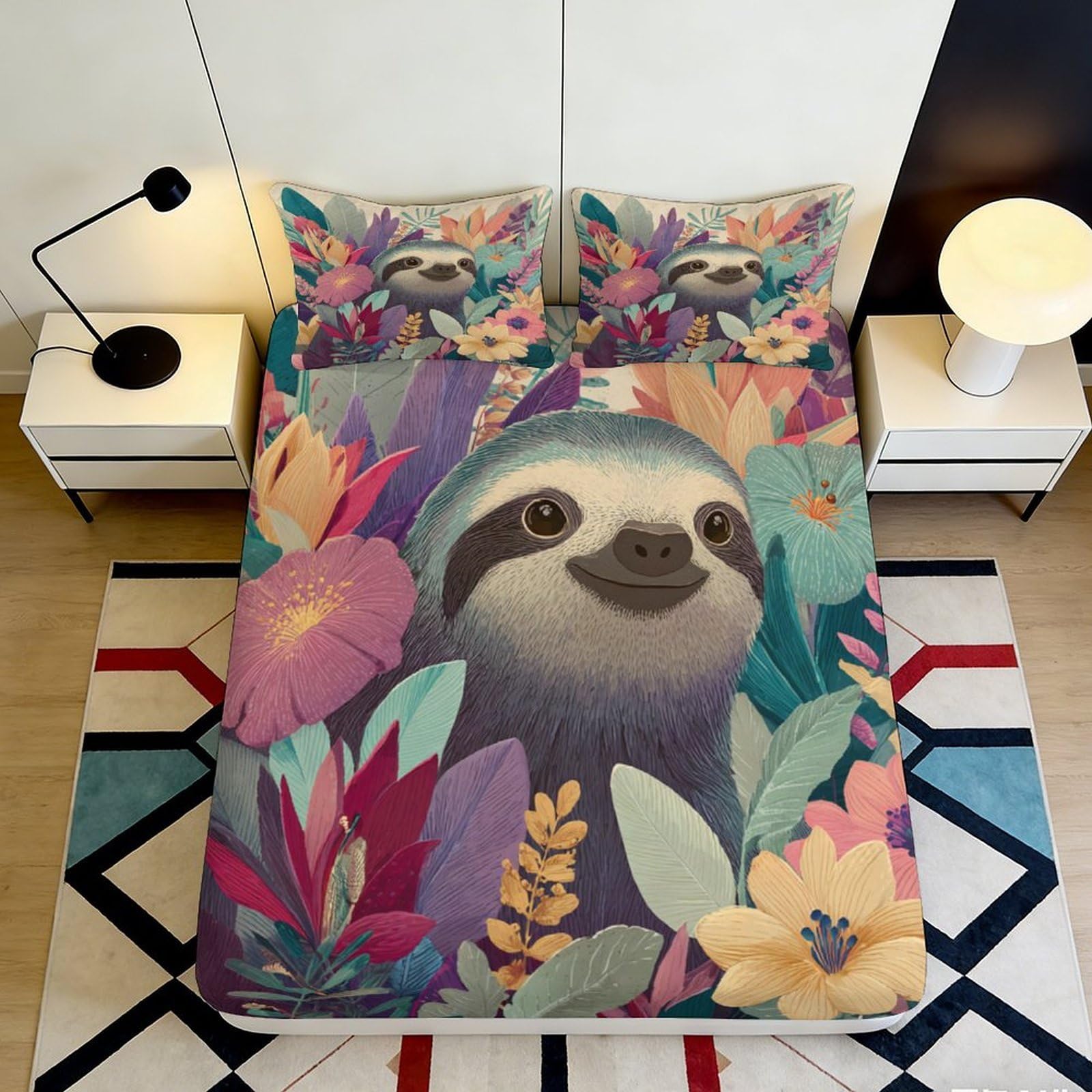 3D Printed Sloth Floral Fitted Sheet Microfiber Soft Mattress Cover for Bedroom Guestroom Decor Anti-Slip Washable 90x200x25cm