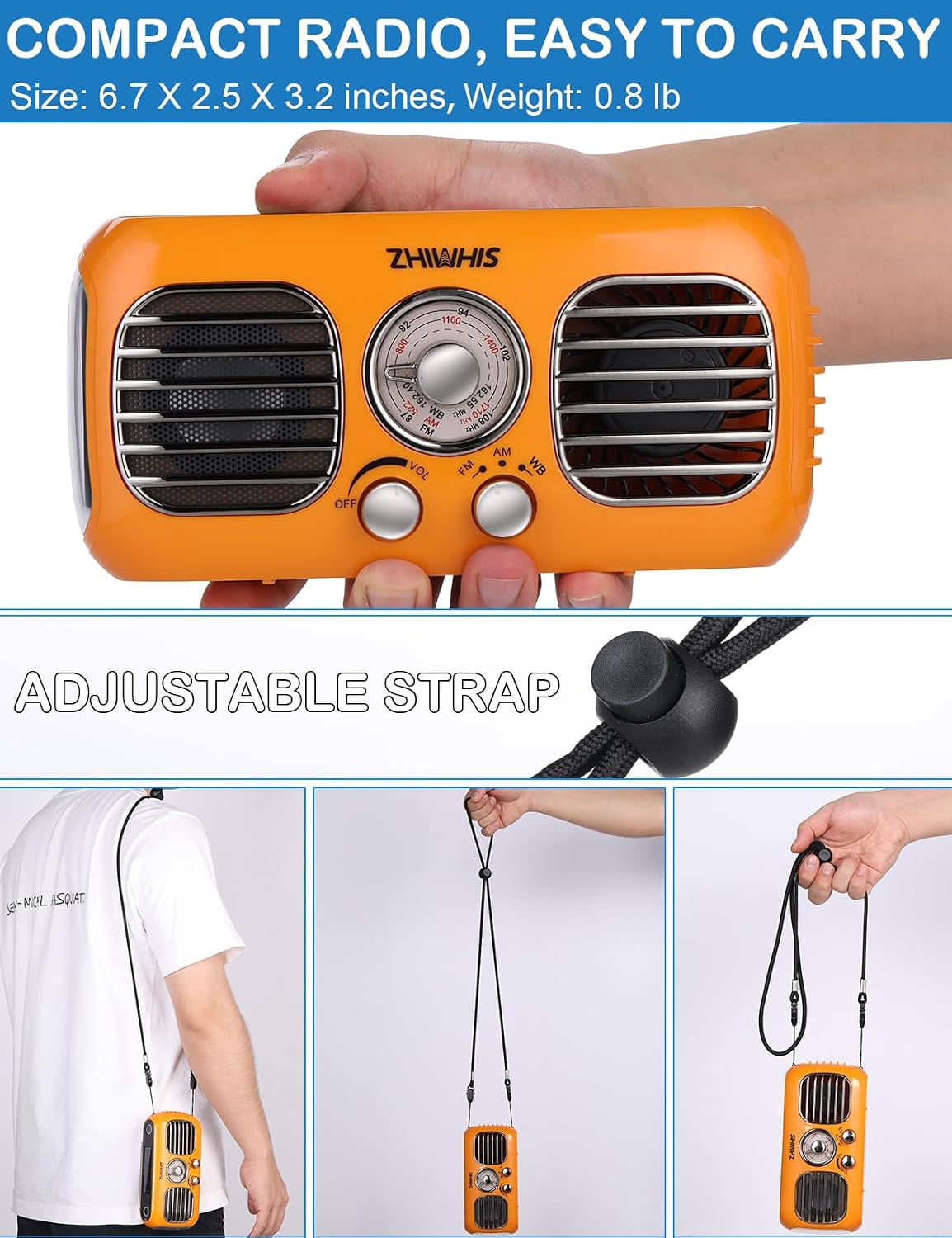 ZHIWHIS Emergency Radio with Portable Fan, AM/FM/WB Weather Radios with SOS Siren, Hand Crank/Solar Panel/4000mAh/Rotary Knob/Rechargeable Retro Receiver with LED Light ZWS-380
