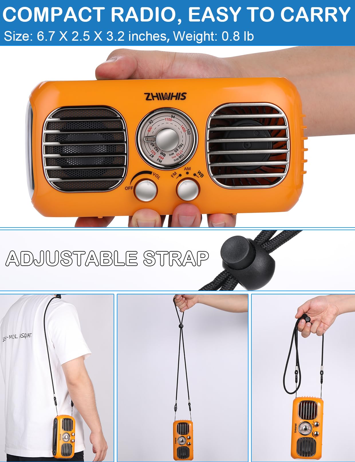 ZHIWHIS ZWS-380 - Radio di emergenza con ventilatore portatile, radio meteorologiche AM/FM/WB con sirena SOS, manovella, pannello solare, 4000 mAh, power bank, manopola rotante, ricevitore retrò
