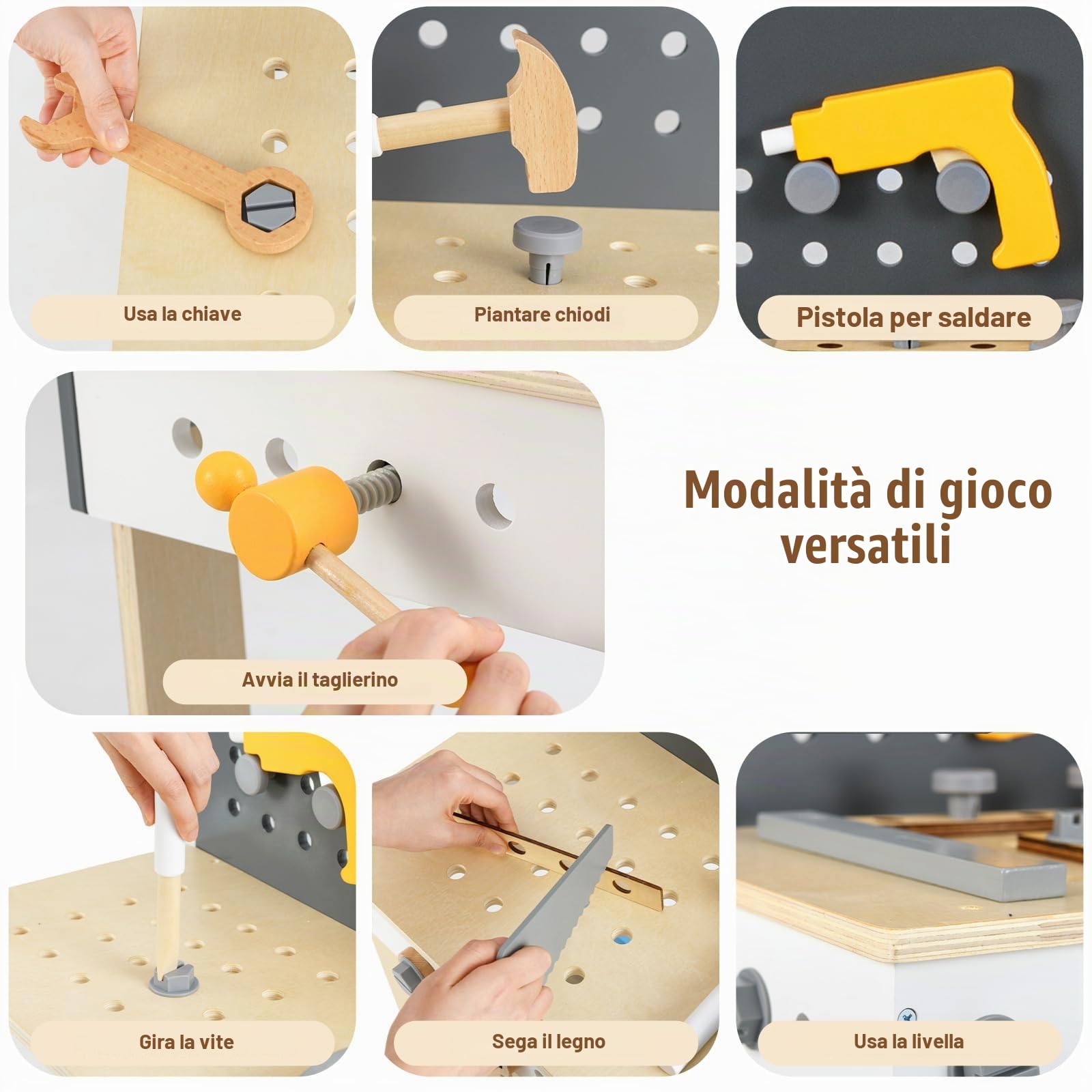 HOMASIS Banco da Lavoro per Bambini in Legno, Banchetto da Lavoro con 50 Accessori, Lavagna, Piano di Lavoro, Ripiano Inferiore, Tavolo Banco Attrezzi Bambino dai 3+ Anni, 51 x 28 x 72 cm