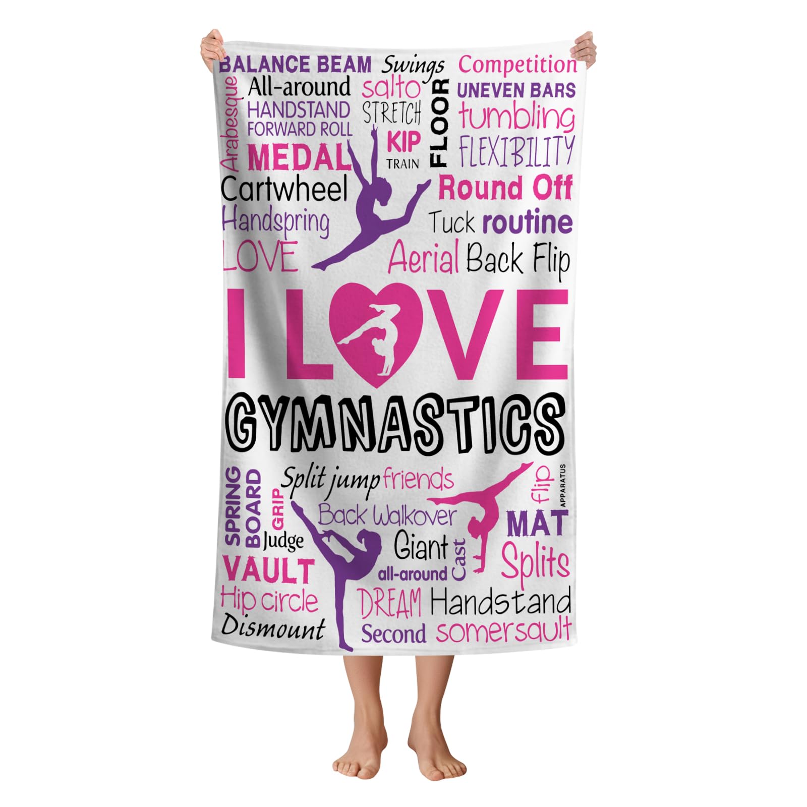 WZOMT Microfiber Gymnastics Beach Towel for Girls Women, Oversized I Love Gymnastics Gymnast Bath Towels, Soft Sandproof Quick Dry Absorbent Swim Pool