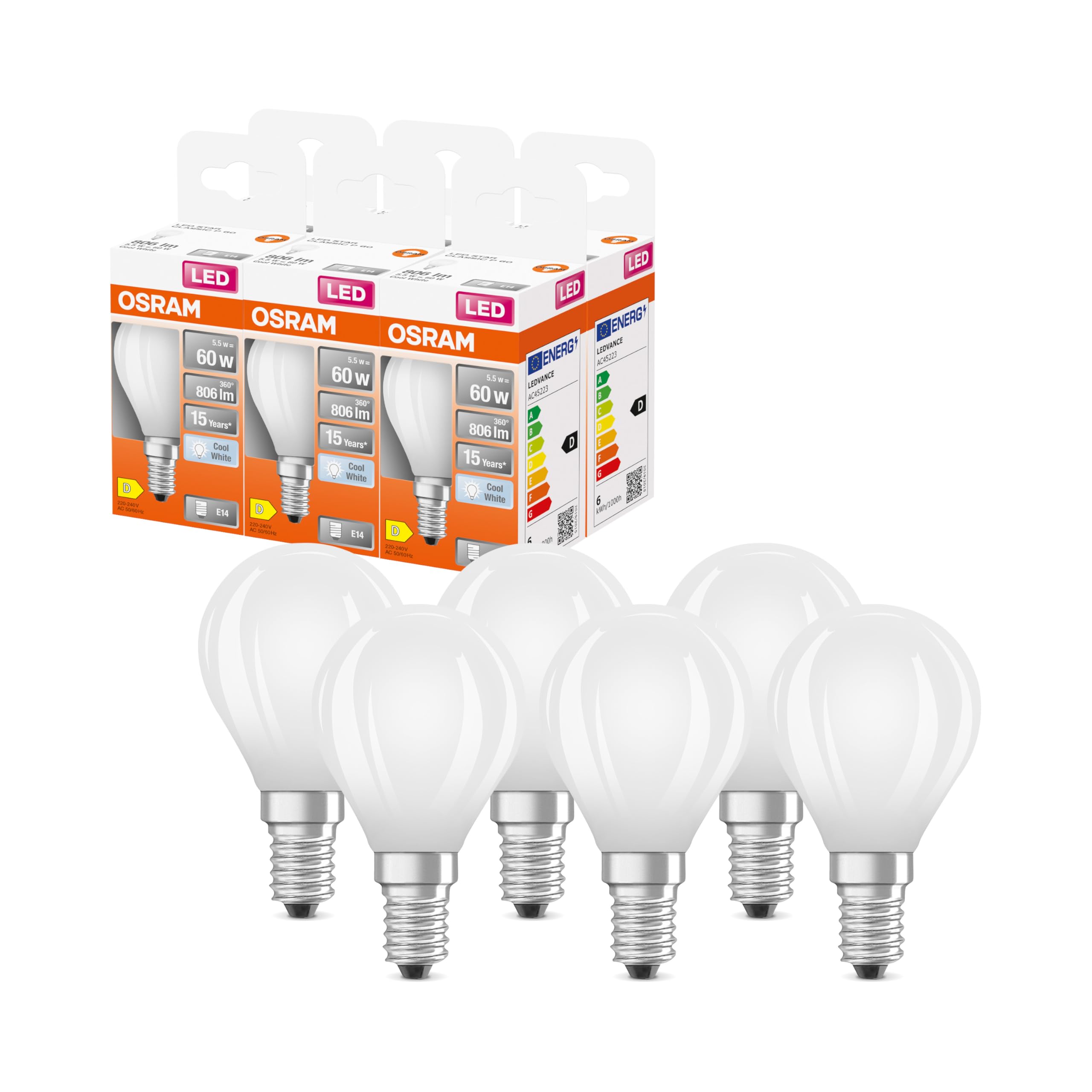 Osram LED Star Globe LED-Lampe in klassischer Miniballform, 5.5 W / 806 lm, 4000 K für kaltweißes Licht, CRI 80, aus gefrostetem bleifreiem Glas, E14 Sockel, IP20, EEK D, 45mm DM,6-Pack
