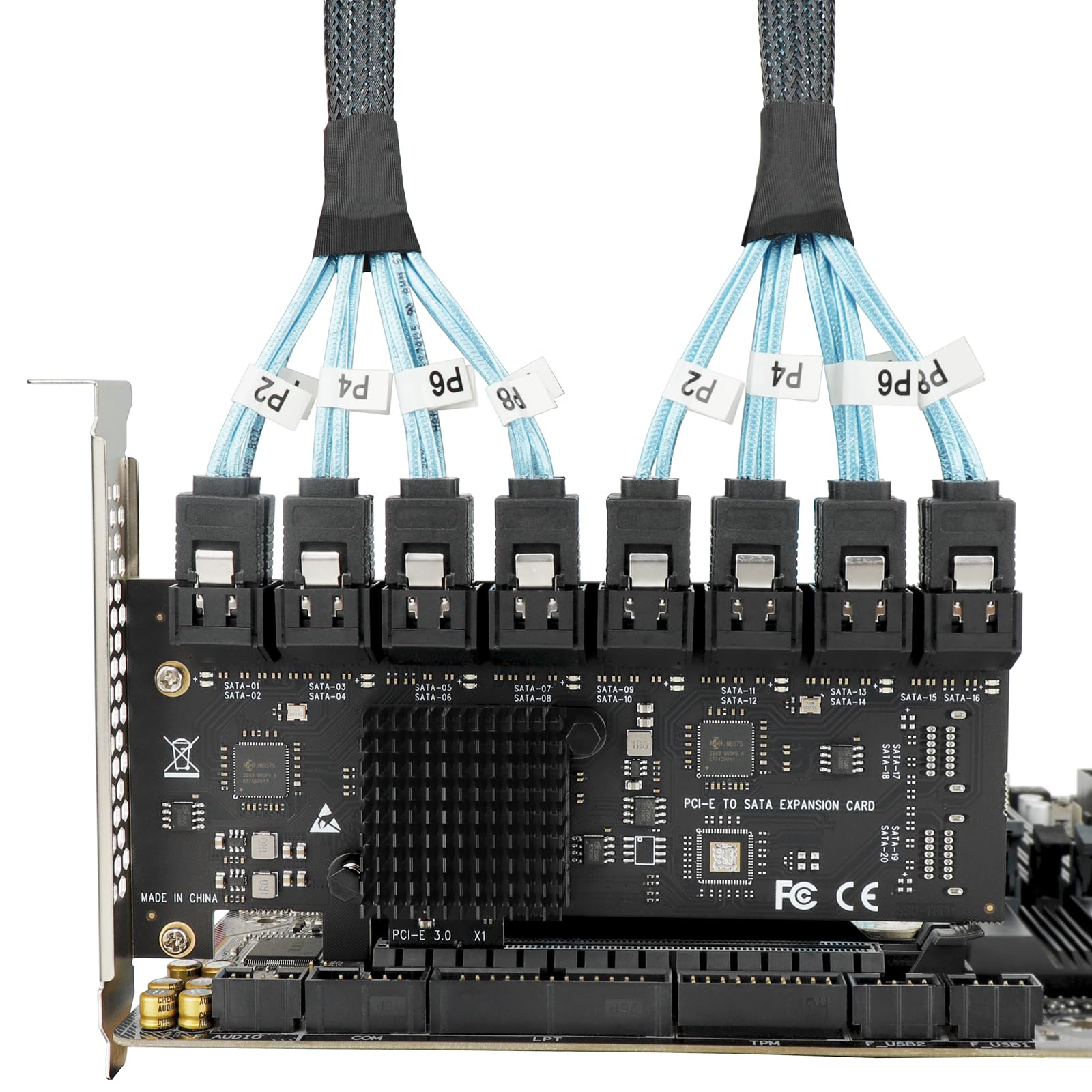 SATA Expansion Card PCIe X1 to 16-Port SATA3.0 SSD 6Gbps Controller Adapter Card with 2X 8 to 8 Bundle Cables for Win10/8/7/XP/Vista/Linux (16 Port SATA)