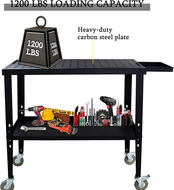 Mobile Welding Table 36 x 18, 1200lbs Load Capacity Heavy Duty Steel Welding Workbench Table on Wheels, Portable Work Bench with Braking Lockable Casters, 4 Tool Slots, Extra Middle Shelf