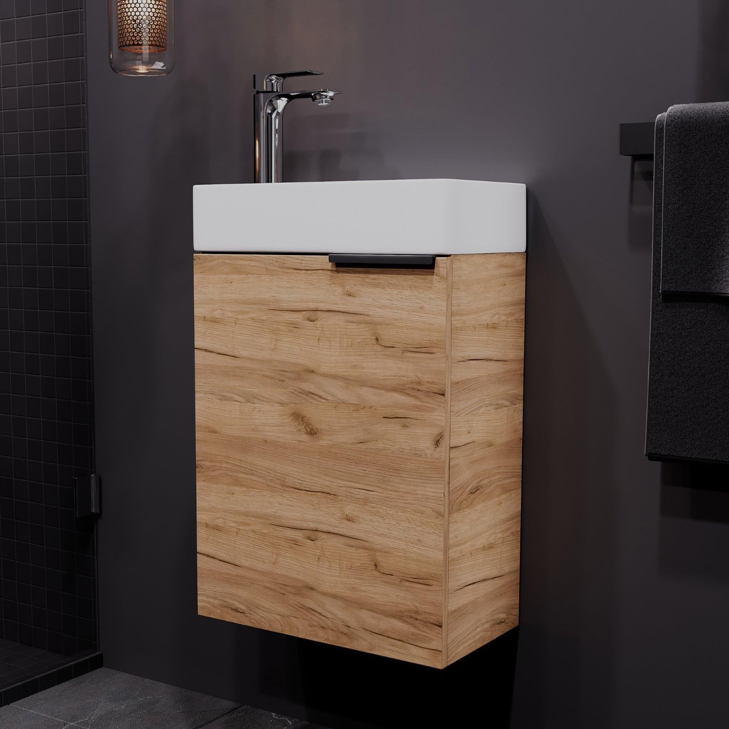 Planetmöbel Waschtisch mit Unterschrank 40 cm Waschbeckenunterschrank, Badmöbel-Set mit Waschbecken für kleine Bäder, Gäste WC, Gold Eiche