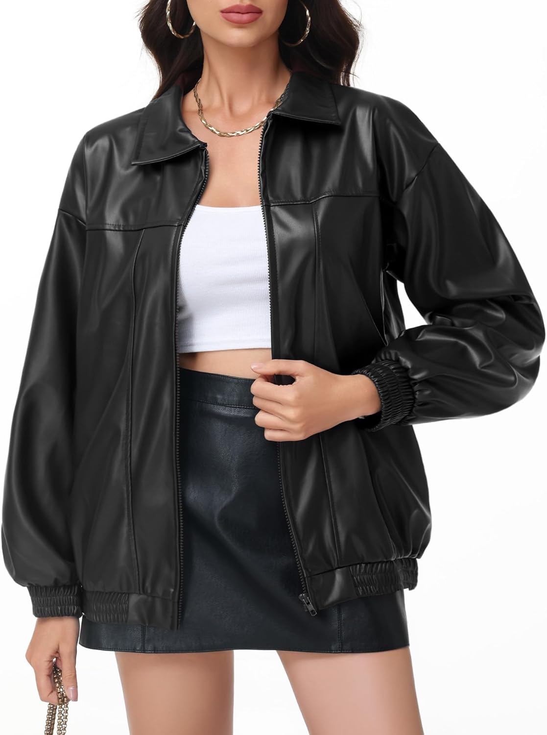 Women Oversized Leather Jacket Faux Motorcycle Coat Zip up Long Sleeve Jacket Stylish Clothes 2025 - Image 3