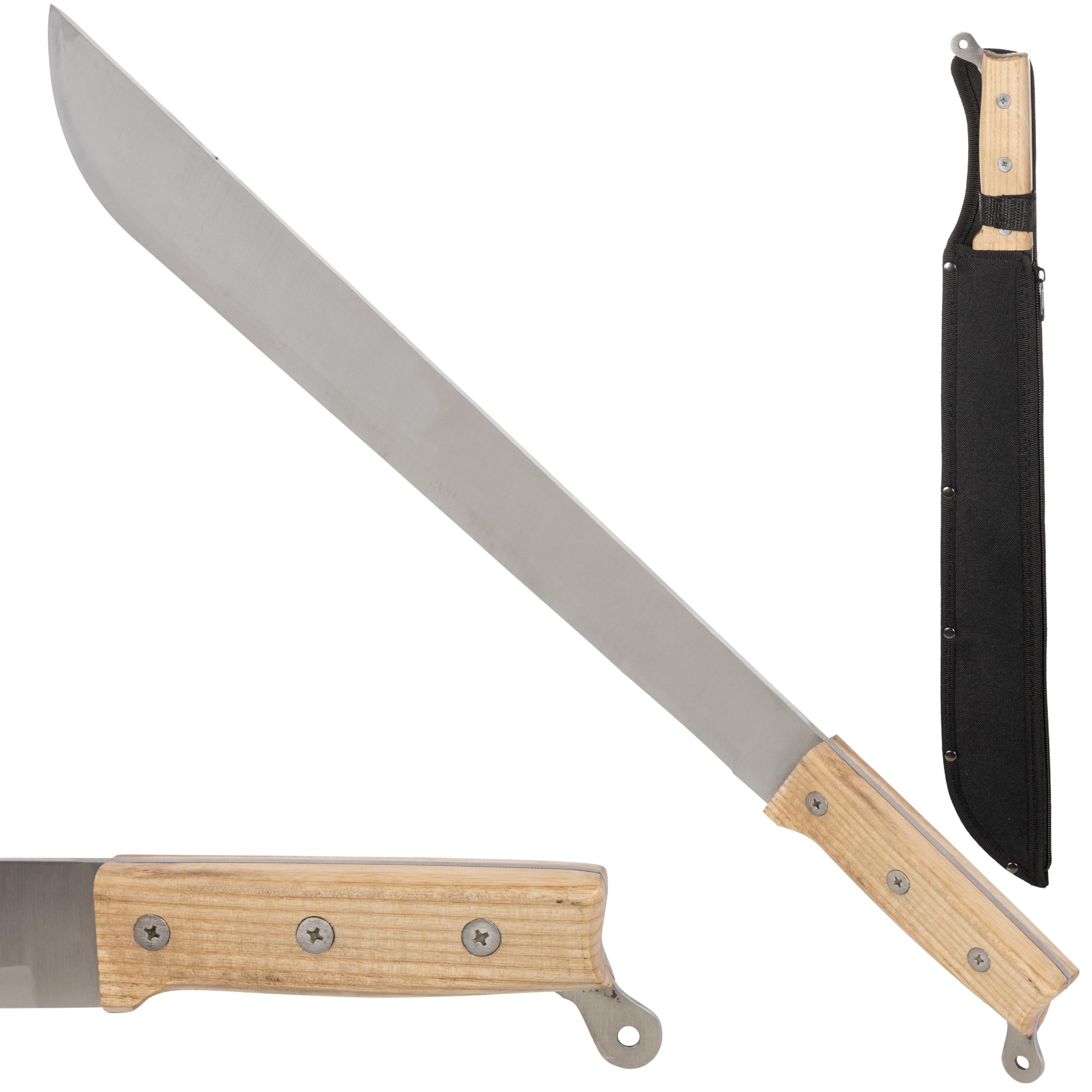 Grande machete davvero affilato, lama Full Tang in acciaio inossidabile con manico in legno avvitato in 3 punti - Lunghezza totale del machete 55 cm