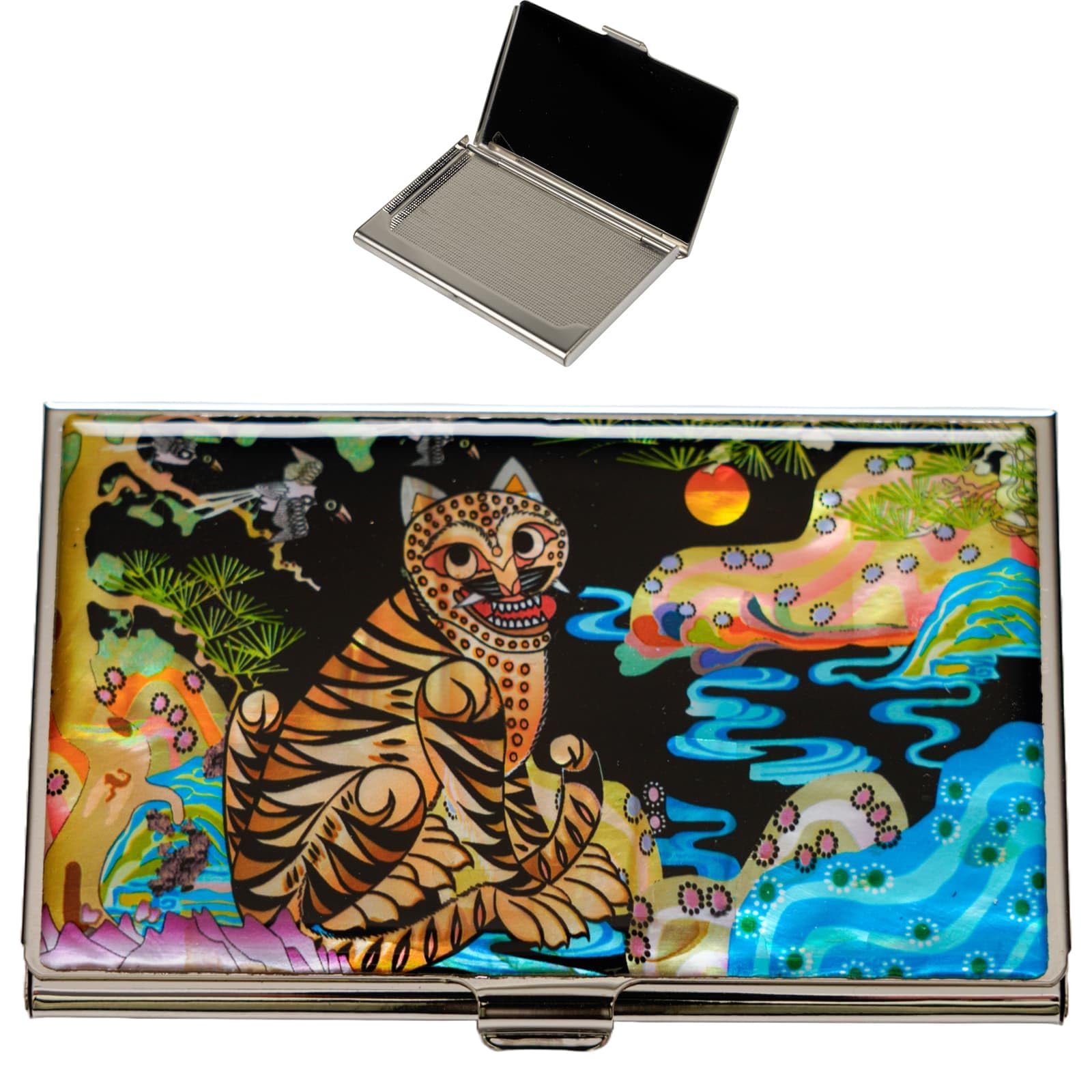 February Mountain Mother of Pearl Business Card Case - Korea Traditional Gifts, Slim Metal Holder for Business &amp; Credit Cards, Pocket-Sized Purse Wallet (Tiger)