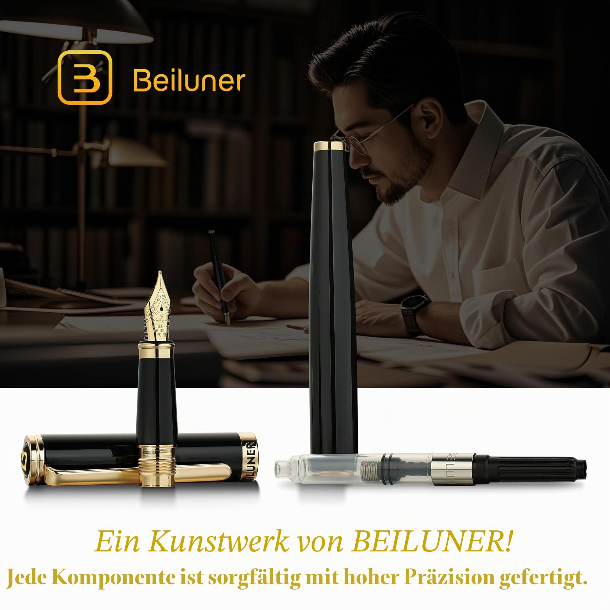 BEILUNER Füllfederhalter Schwarz, luxuriöser Schreibgerät mit 24K Gold-Akzenten & vergoldeter Feder (Fein), elegantes und zuverlässiges Geschenkset inkl. Konverter für Damen und Herren