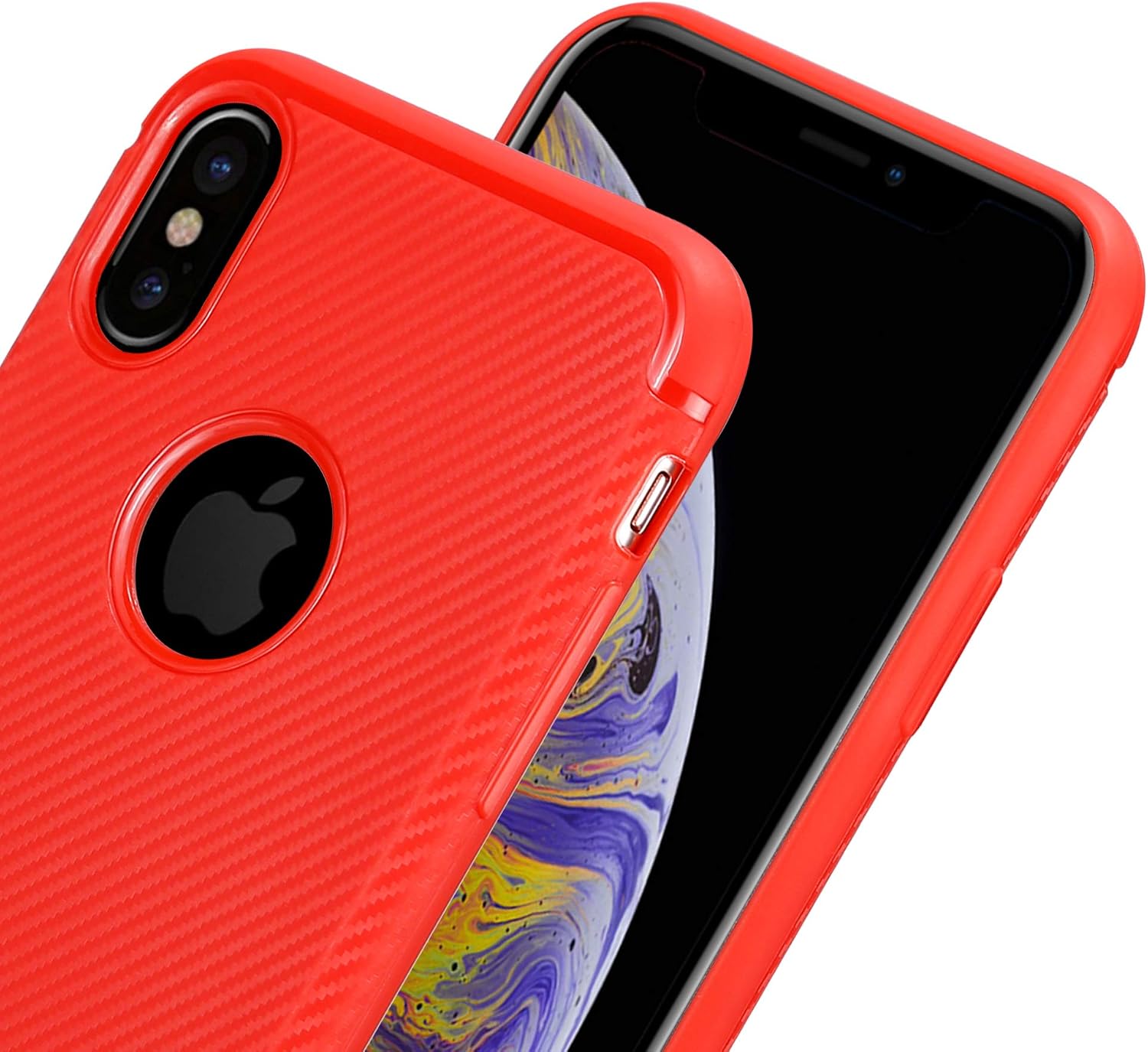 Kit Me Out World Carbon Series Case Designed for iPhone Xs, Full Matte Slim Fit Flexible TPU Minimal Durable Protection Case Cover Brushed Carbon Fiber Effect (Red)