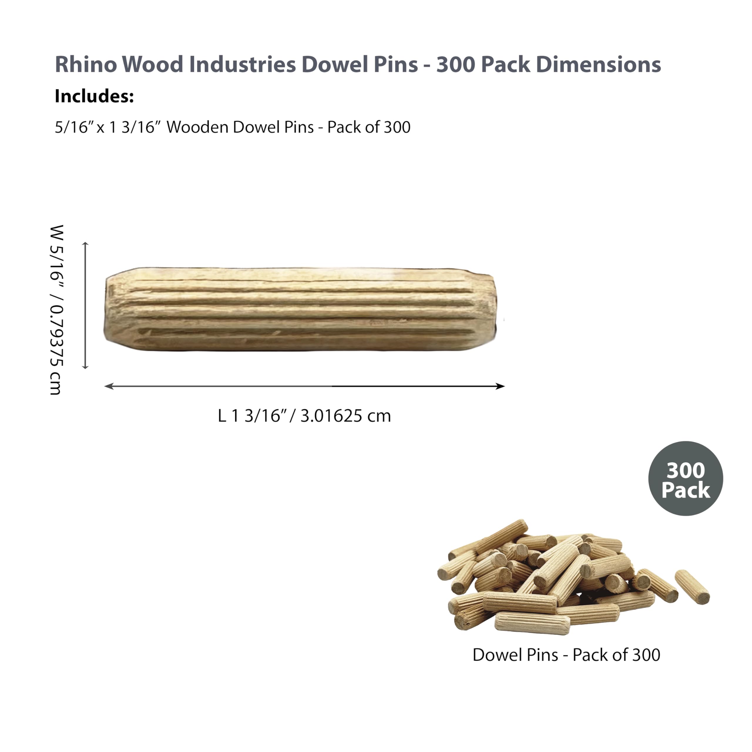 Rhino Wood Industries - 5/16" x 1 3/16" - 300 Pack Wooden Dowel Pins - Kiln Dried, Fluted, and Beveled (5/16" x 1 3/16", 300pk)