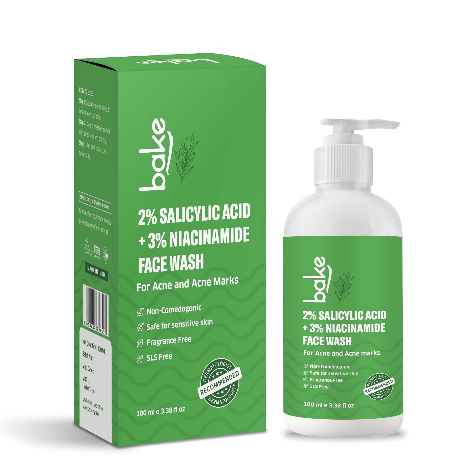 BAKE 2% Salicylic Acid & 3% Niacinamide Face Wash for Oily Acne Prone Skin, Treats Active Acne & Fades Acne Marks & Dark Spots, Daily Anti Acne Face Wash - 100ml