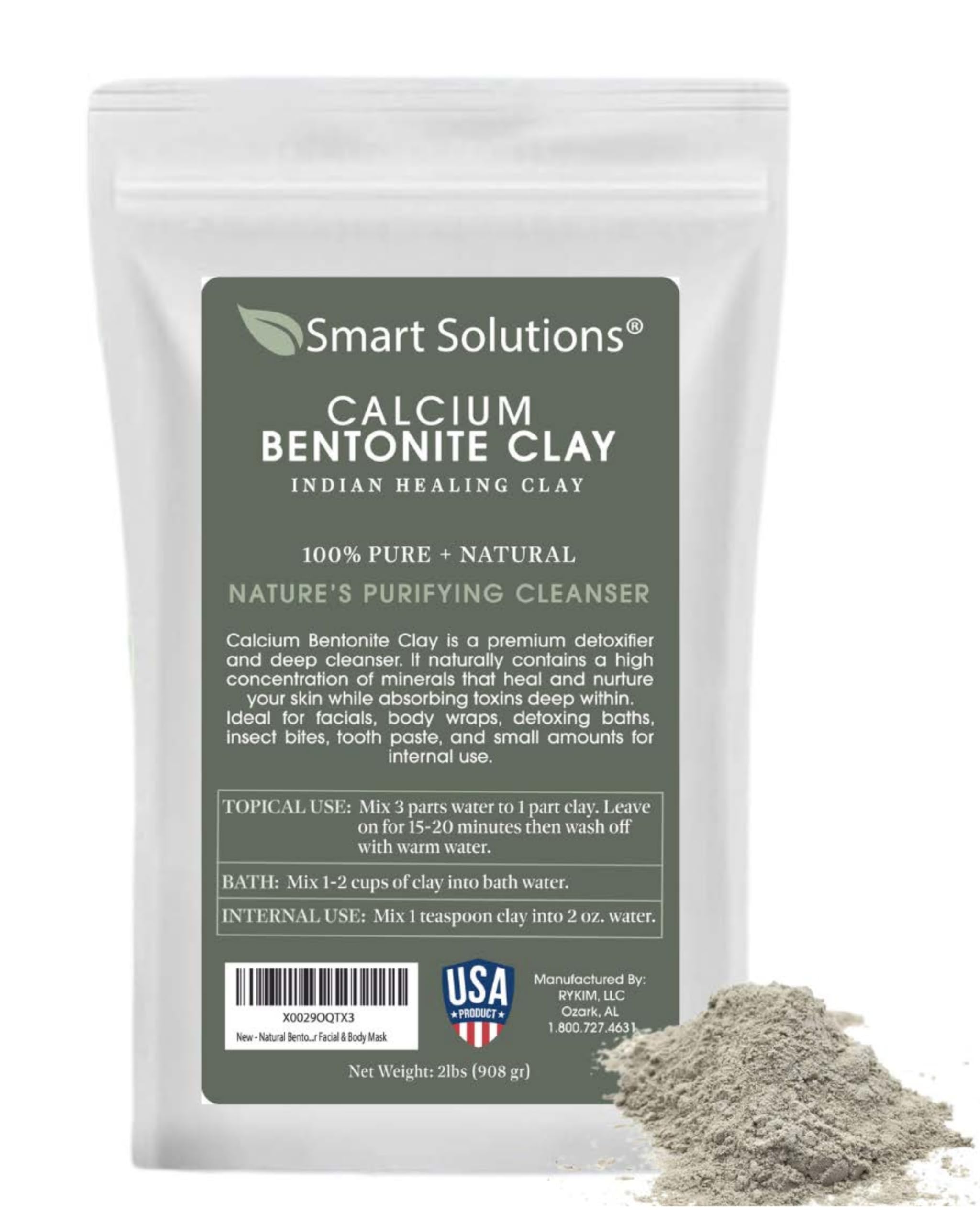 Calcium Bentonite Clay, 2 lb Pure Indian Healing Clay - All Natural for External Use | DIY Facial Treatments, Deodorants, Hair Masks